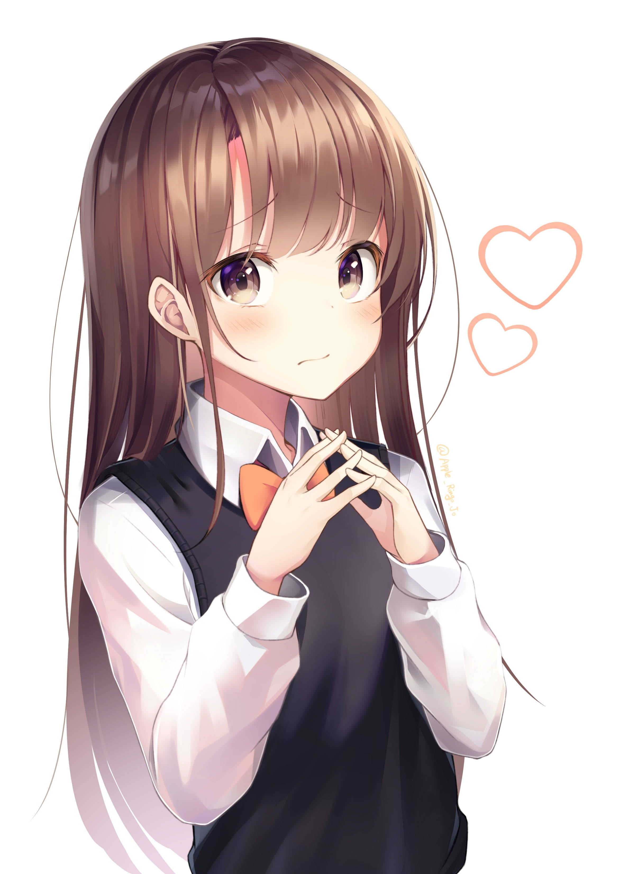 nervous cute anime girl, brown hair, purple eyes, 2K Phone Wallpaper