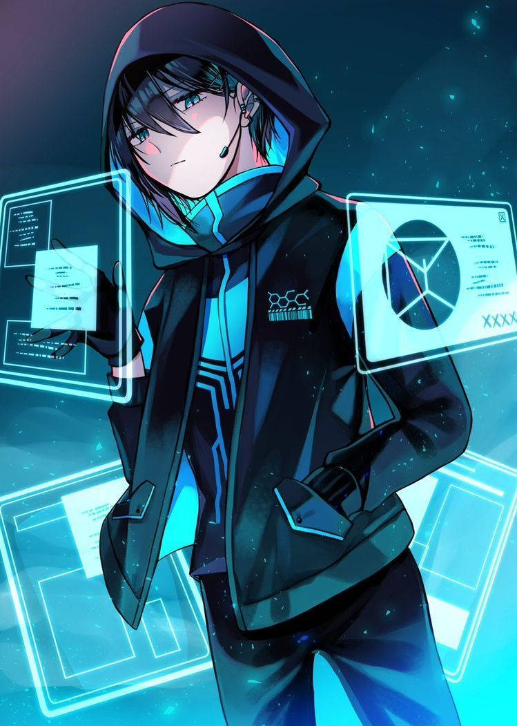 anime teen, glowing blue data interfaces, digital cyberpunk scene, SD Phone Wallpaper