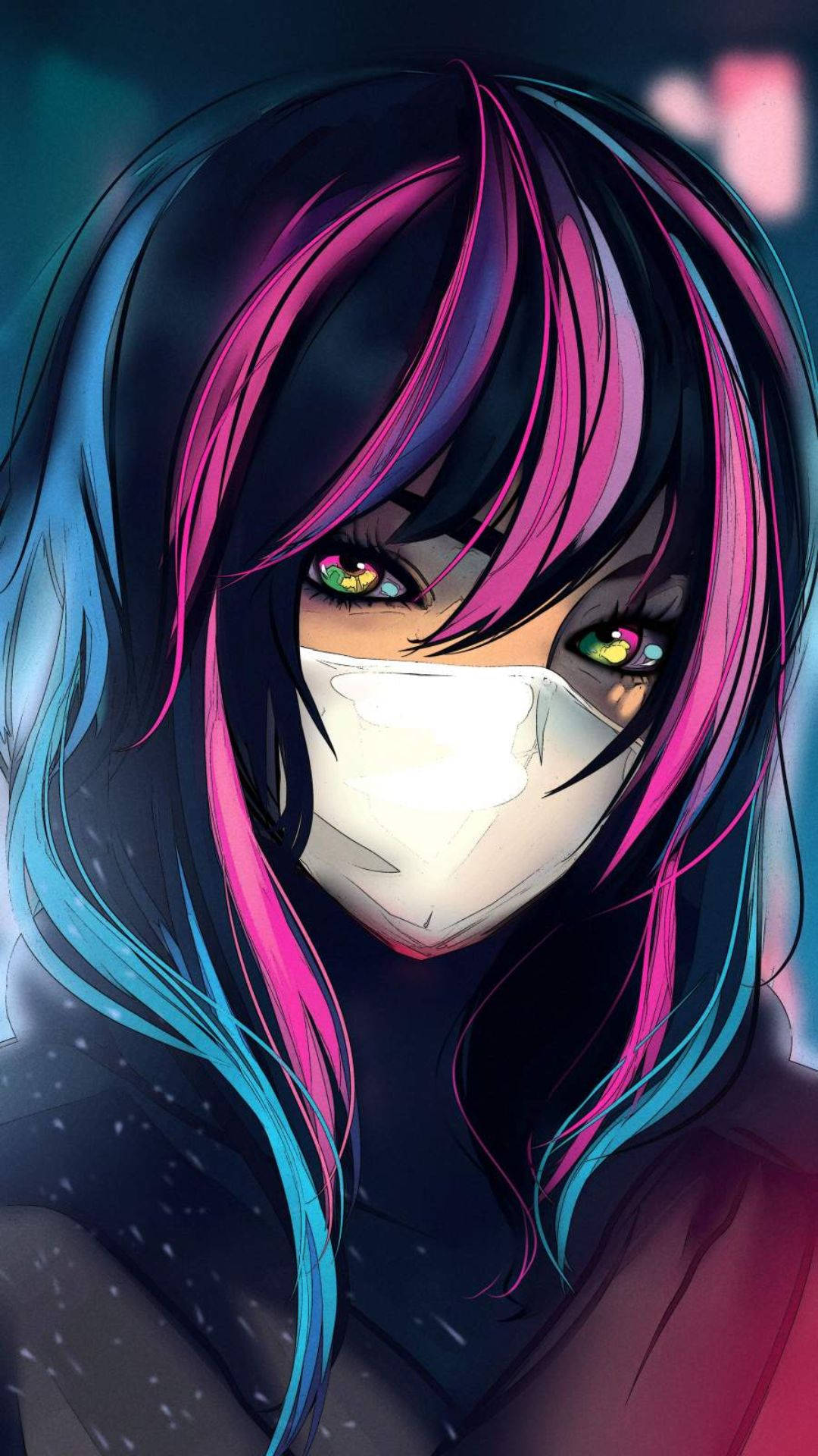 cyberpunk anime girl, glowing eyes, neon pink blue hair, Full HD Phone Wallpaper