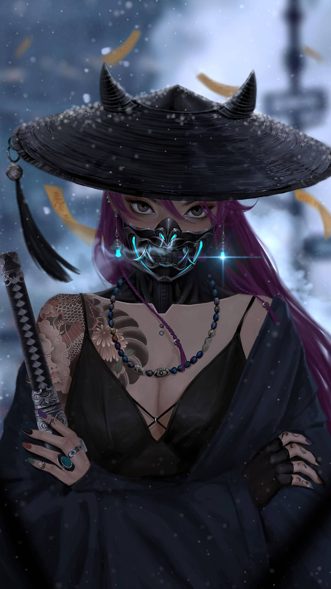 cool anime phone, cyberpunk girl, tattoo mask, Full HD Phone Wallpaper