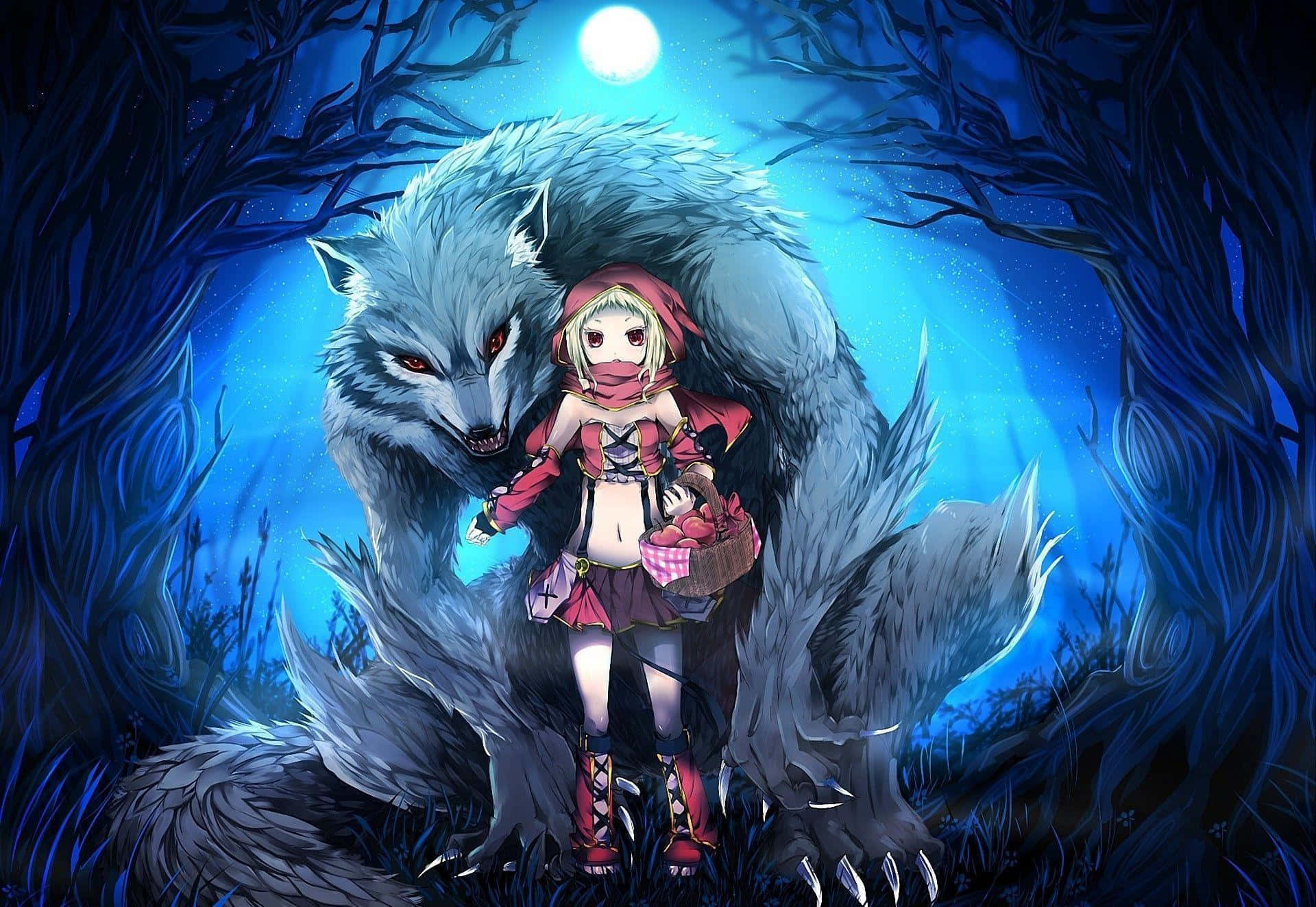 cool anime wolf, young girl in red, massive glowing wolf, Full HD Desktop Wallpaper