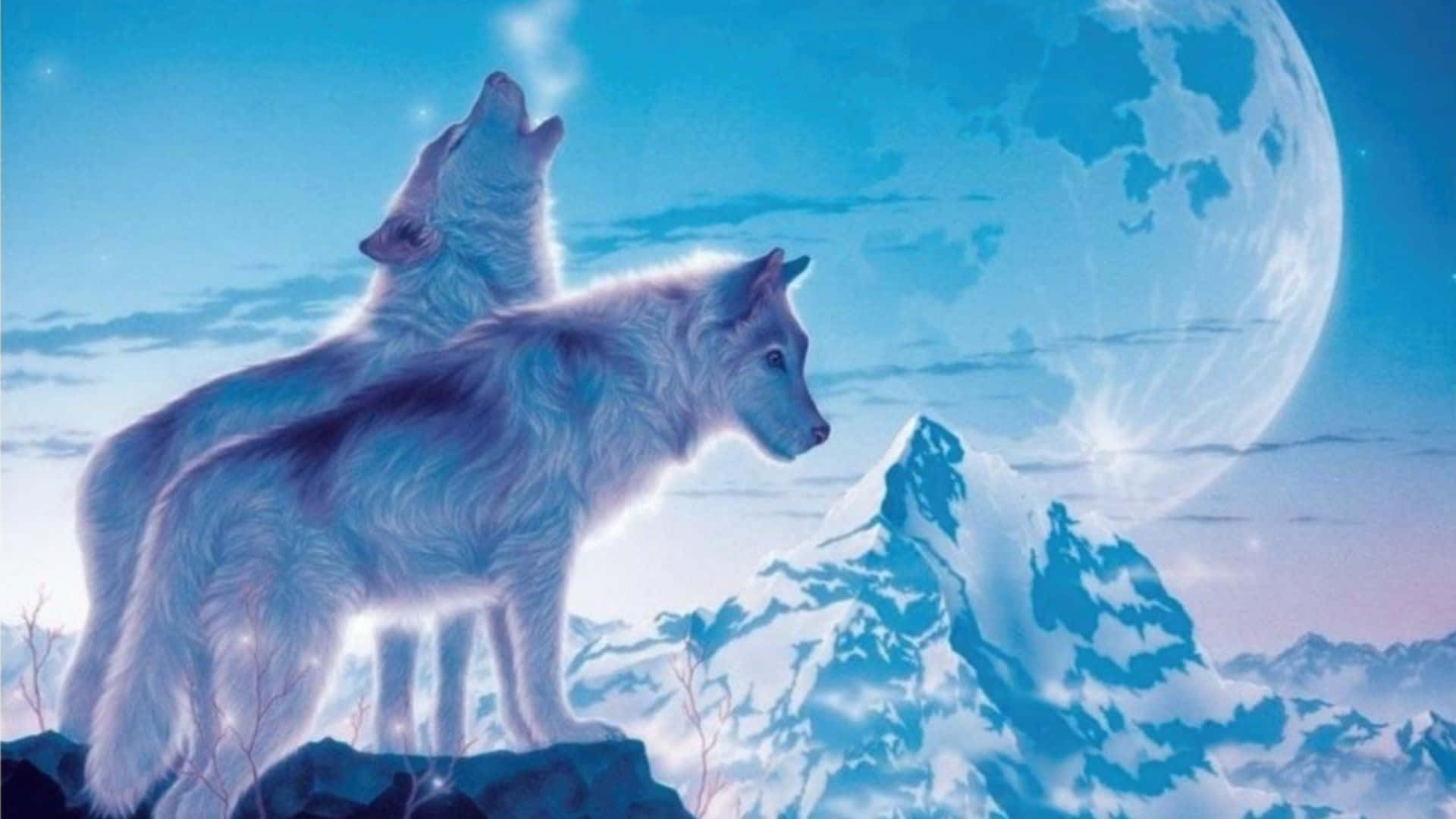 Anime Wolf, snowy peak, giant moonlit sky, Full HD Desktop Wallpaper