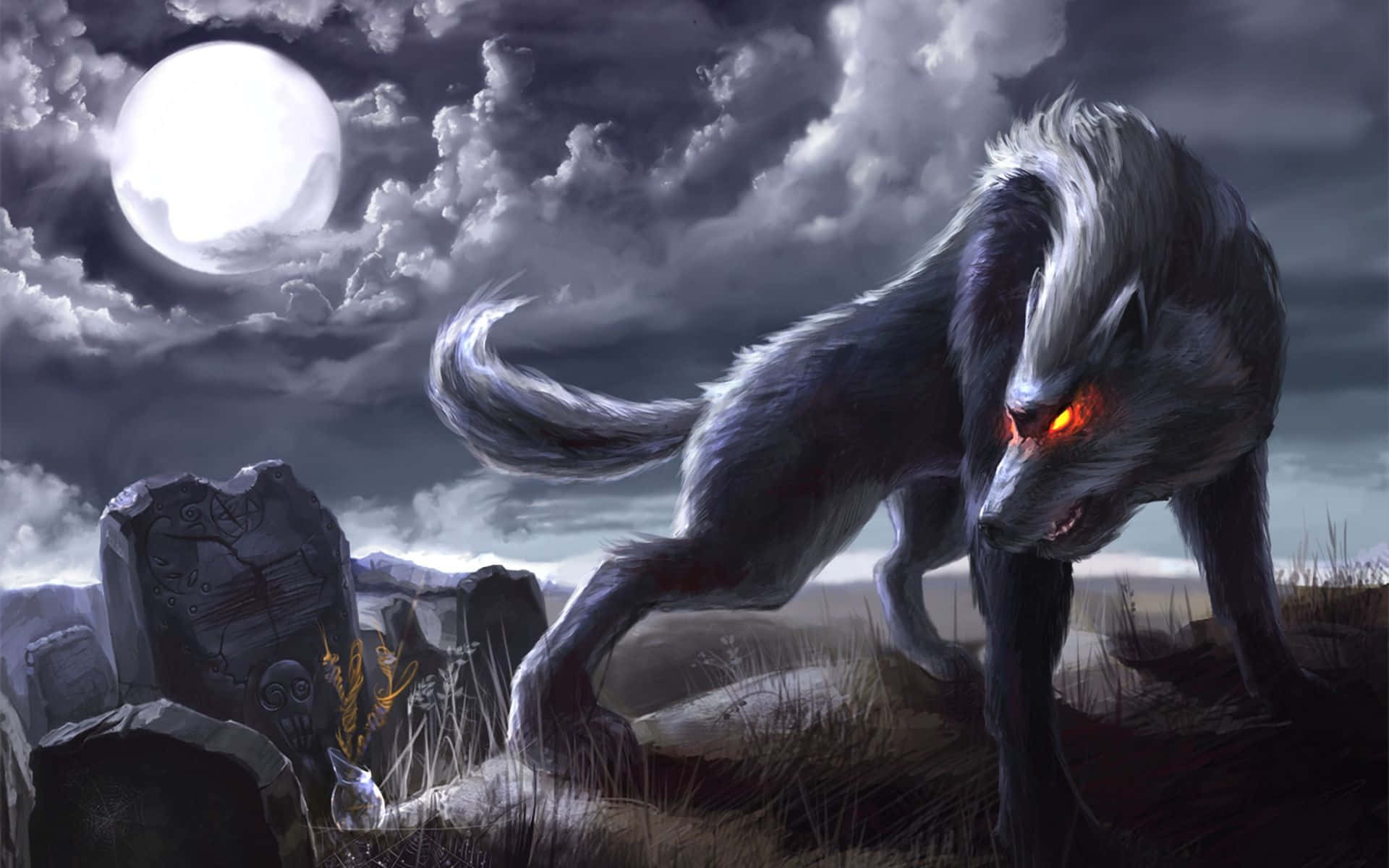 Cool Anime Wolf, werewolf, glowing red eyes, Full HD Desktop Wallpaper