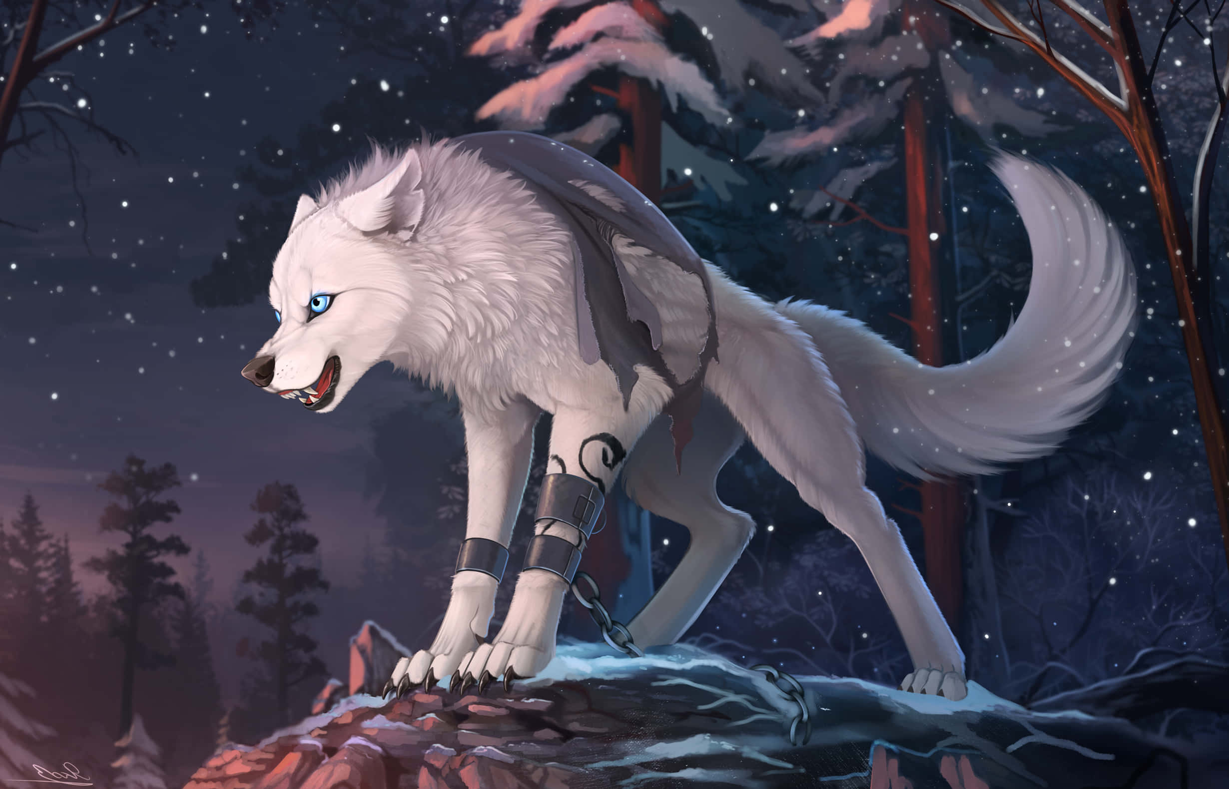 white wolf, blue eyes, chain restraints, Full HD Desktop Wallpaper