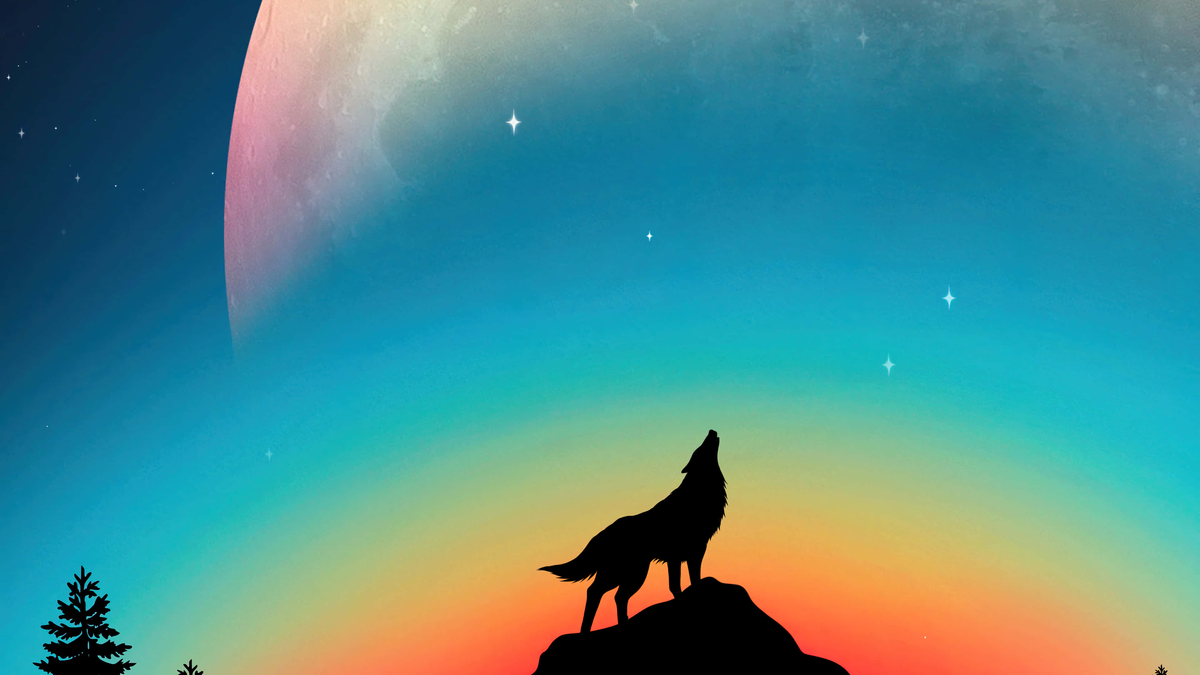Cool Anime Wolf, pink moon, starry twilight sky, 4K Desktop Wallpaper