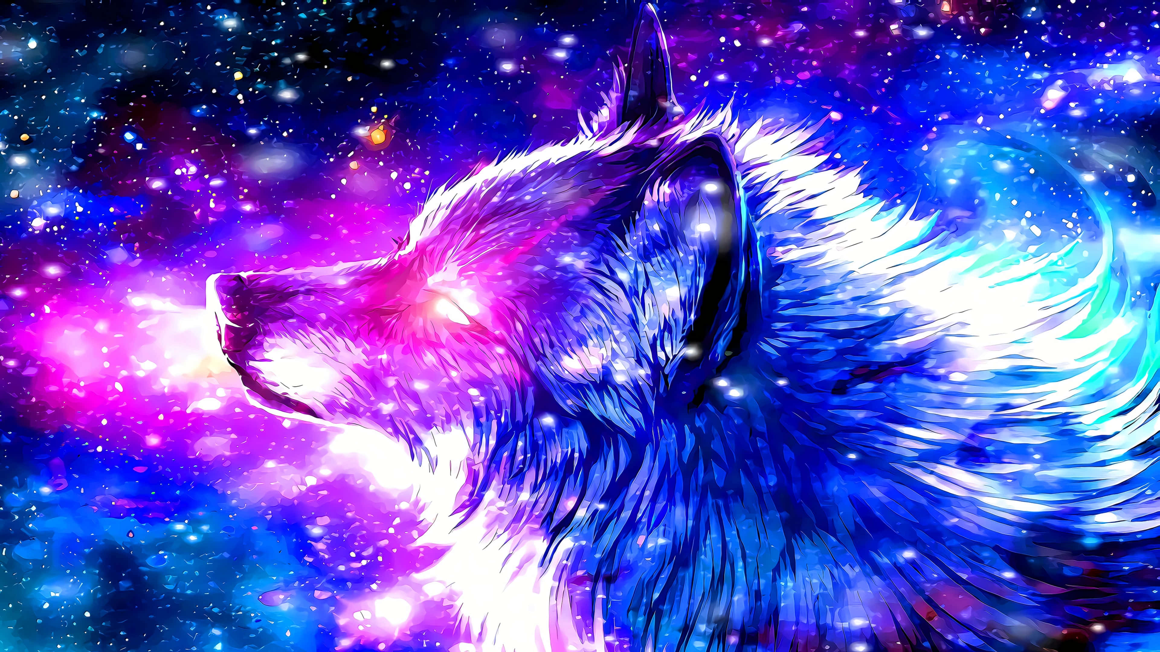cool anime wolf, glowing eyes, cosmic fur, 4K Desktop Wallpaper
