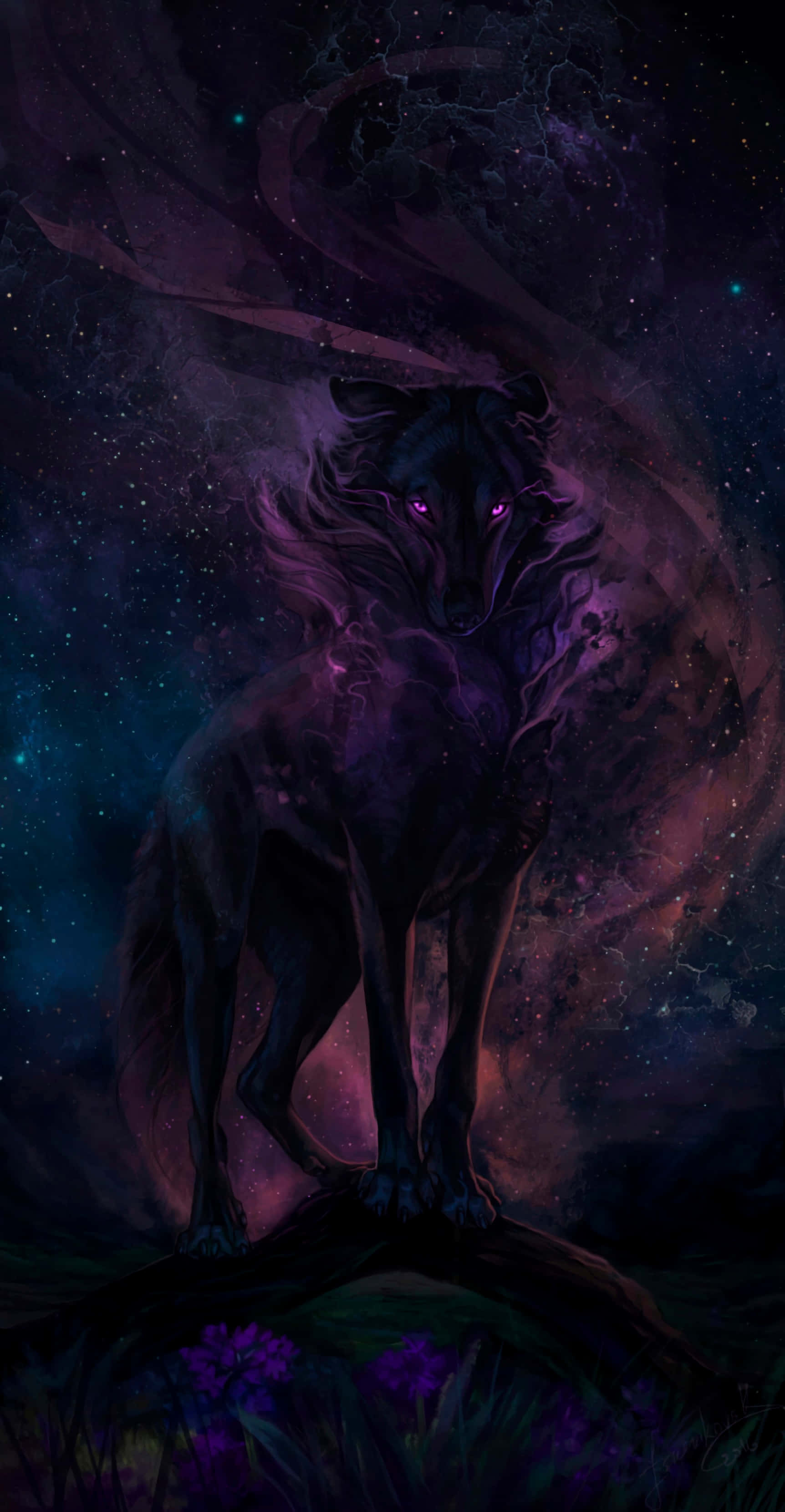 Cool Anime Wolf, mystical black wolf, glowing purple eyes, 2K Phone Wallpaper
