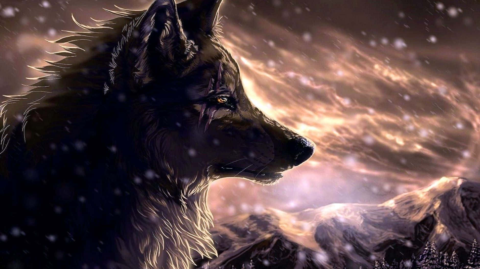 cool anime wolf, glowing amber eyes, snowy mountain backdrop, HD Desktop Wallpaper
