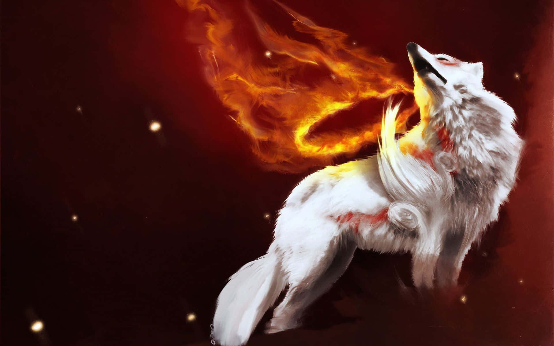 Cool Anime Wolf, white wolf, fiery cosmic backdrop, Full HD Desktop Wallpaper