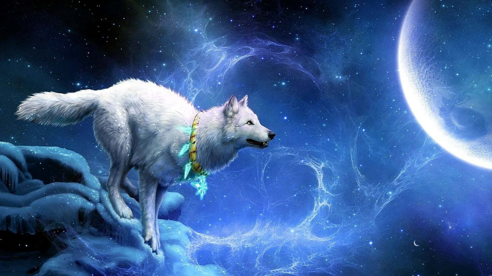 cool anime wolf, white wolf, icy terrain, Full HD Desktop Wallpaper