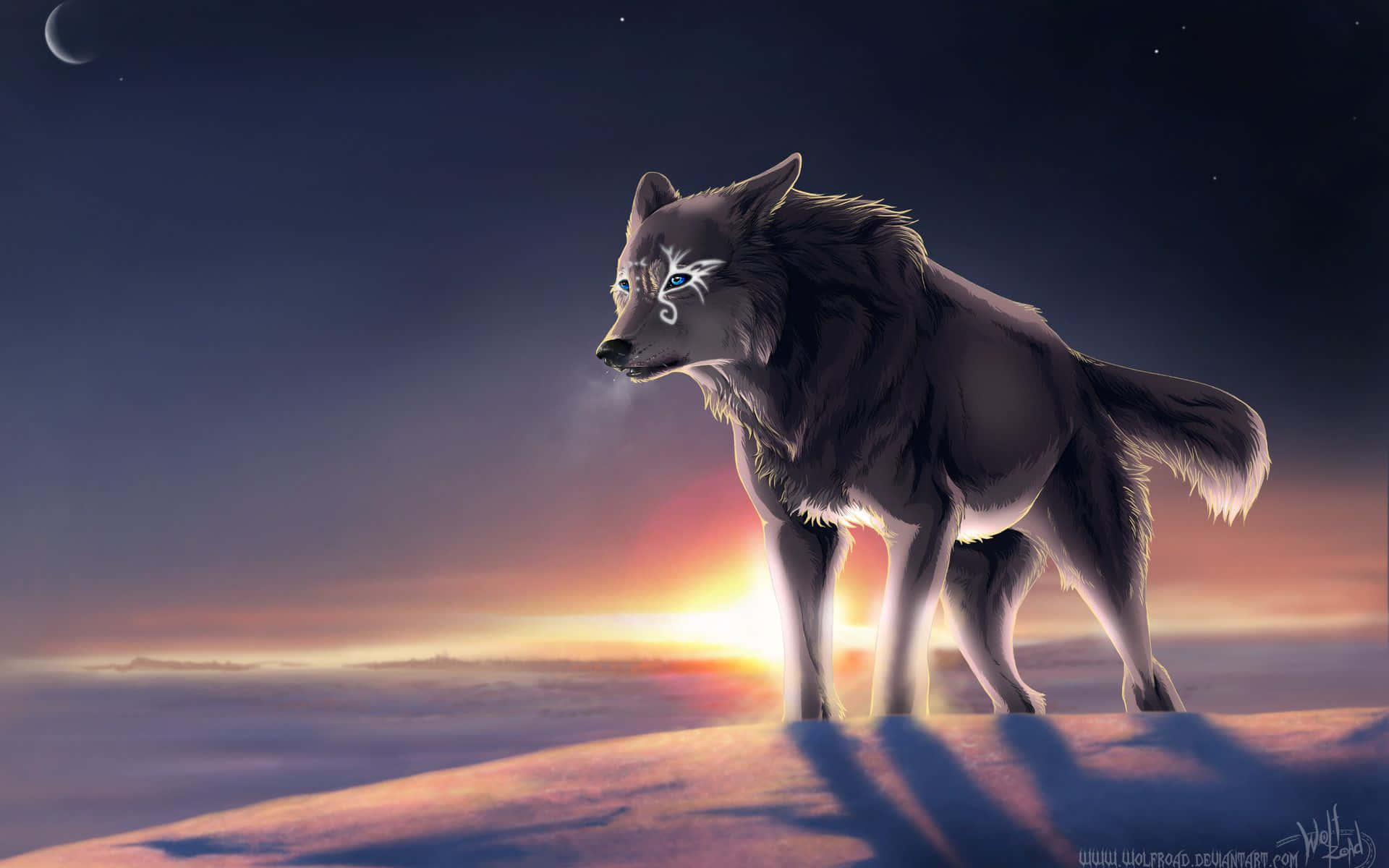 Cool Anime Wolf, glowing blue eyes, white facial markings, Full HD Desktop Wallpaper