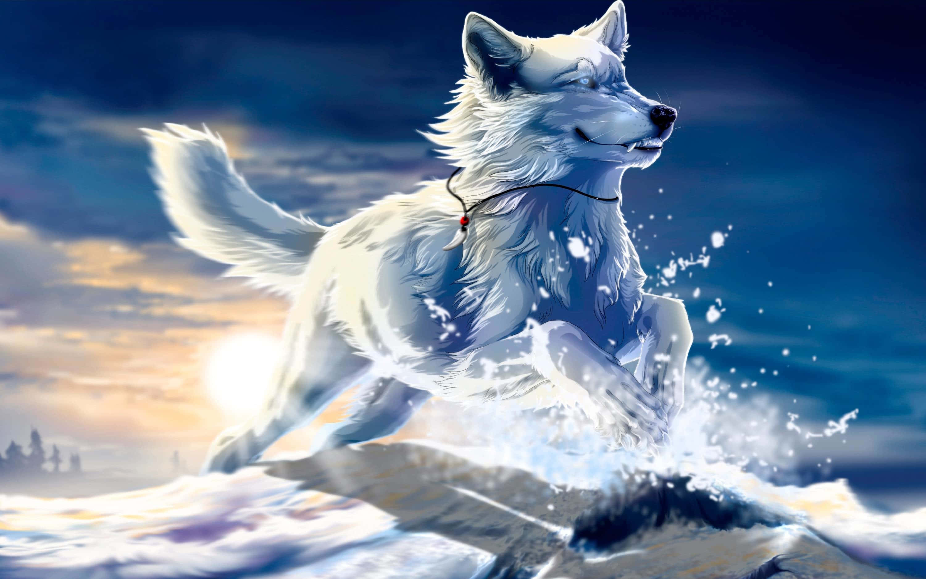 Cool Anime Wolf, white wolf, snowy waves, 2K Desktop Wallpaper