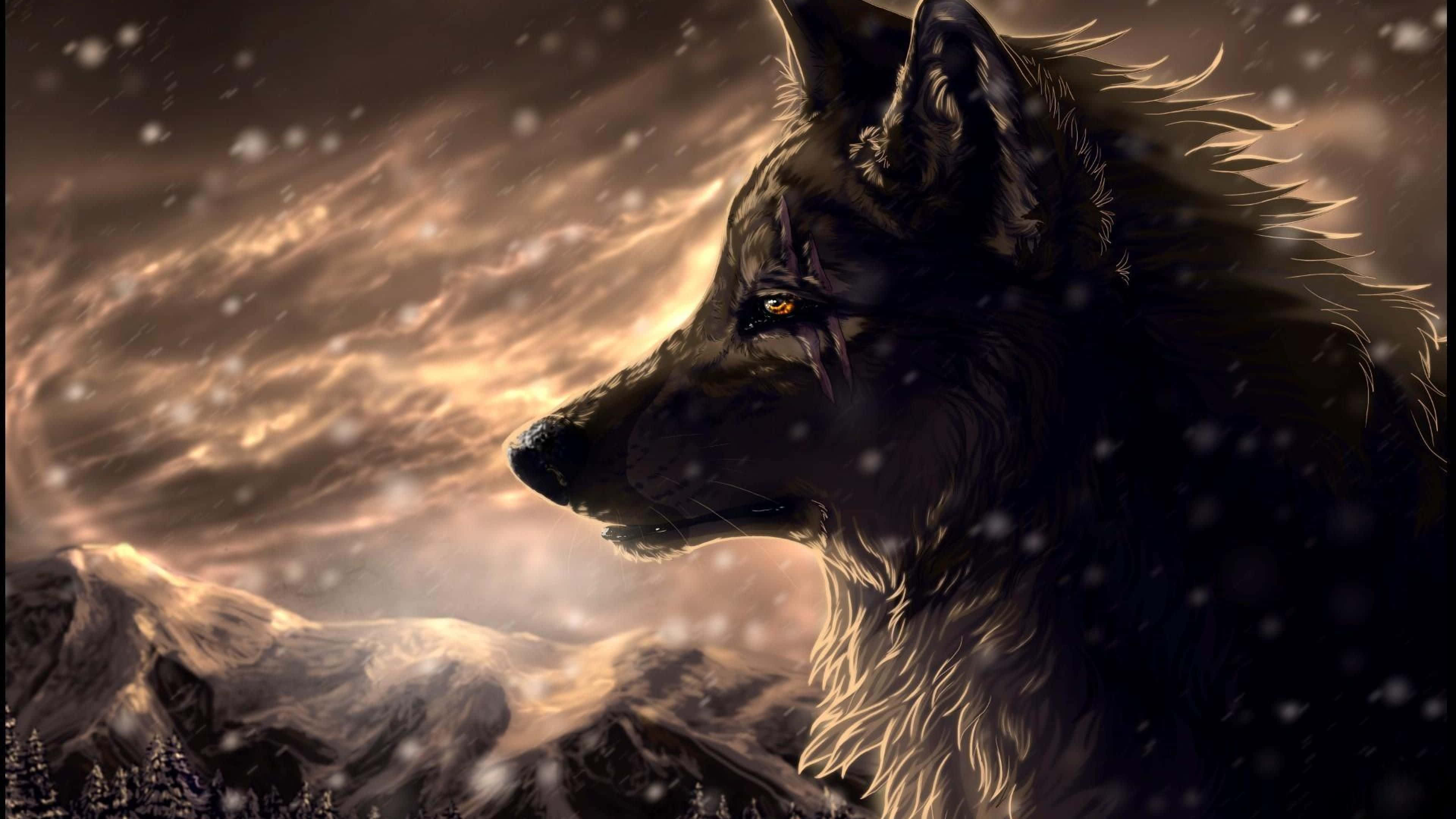 anime wolf, black wolf, snowy mountain landscape, 4K Desktop Wallpaper