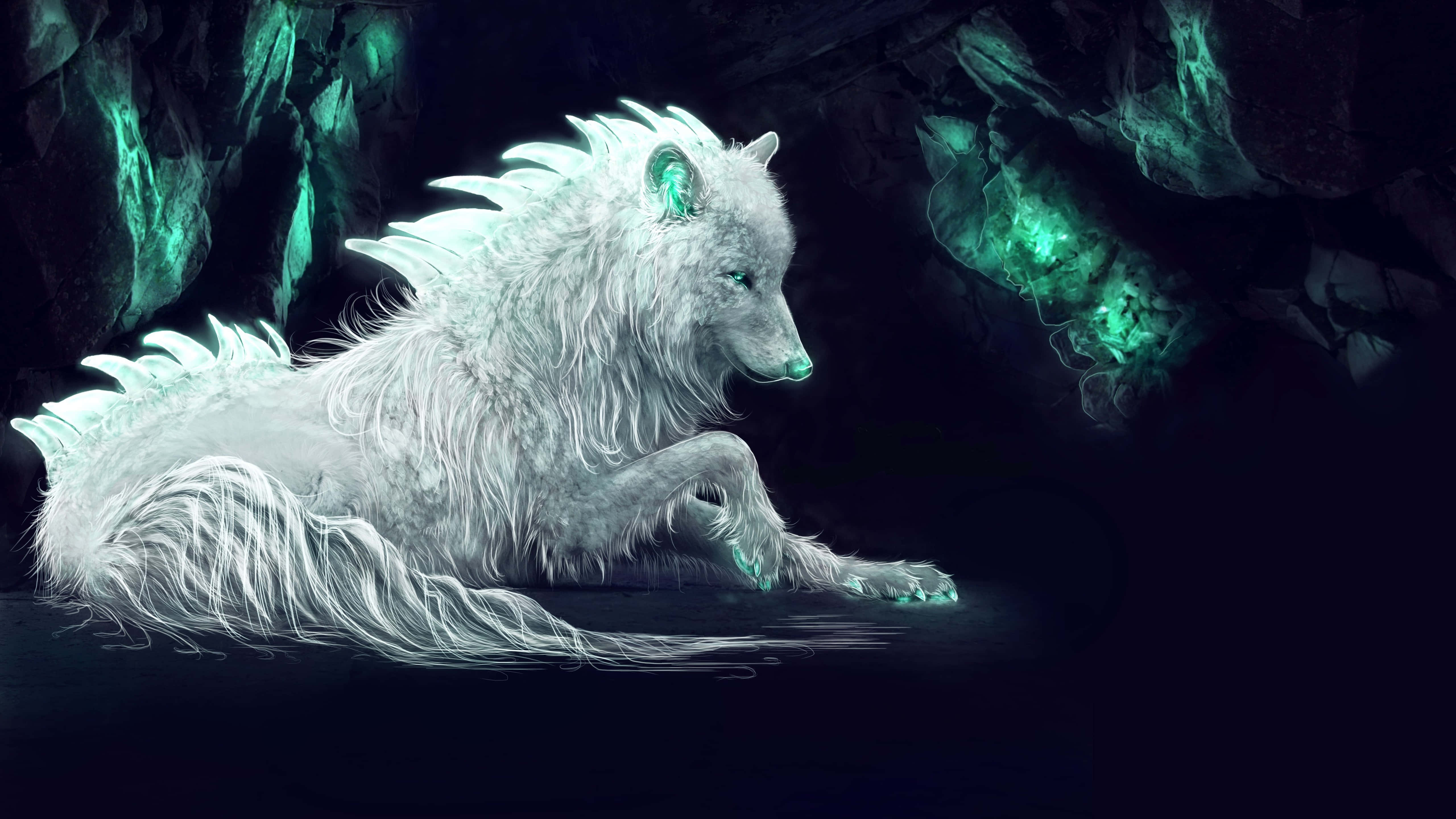 Cool Anime Wolf, white wolf, glowing teal eyes, 5K Desktop Wallpaper