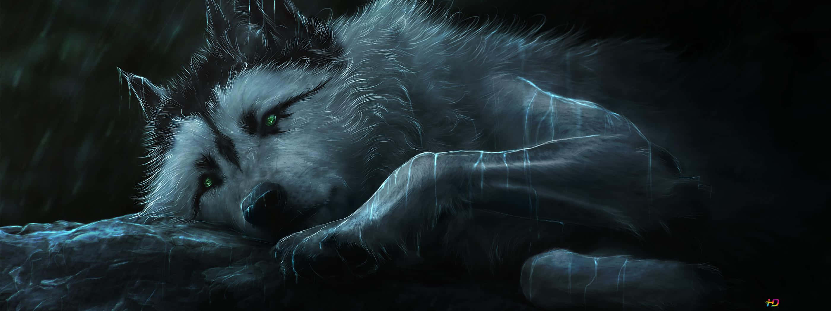 cool anime wolf, glowing green eyes, rain, 2K Desktop Wallpaper