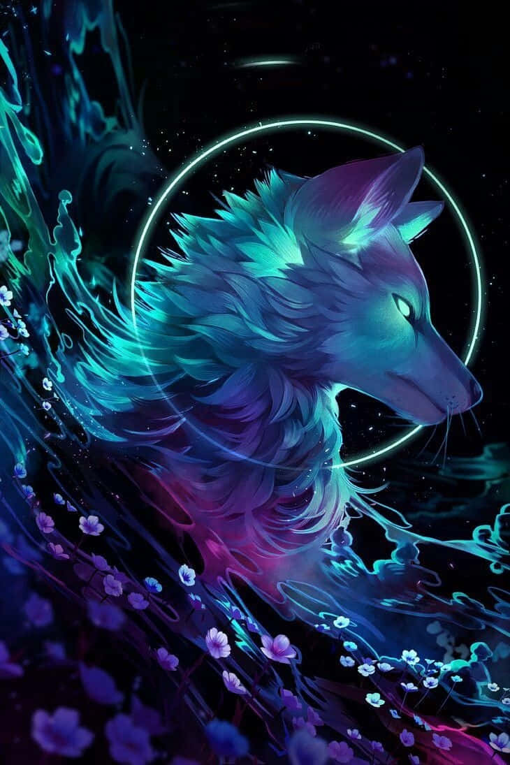 anime wolf, electric blue and purple fur, cosmic swirl of neon energy, SD Phone Wallpaper