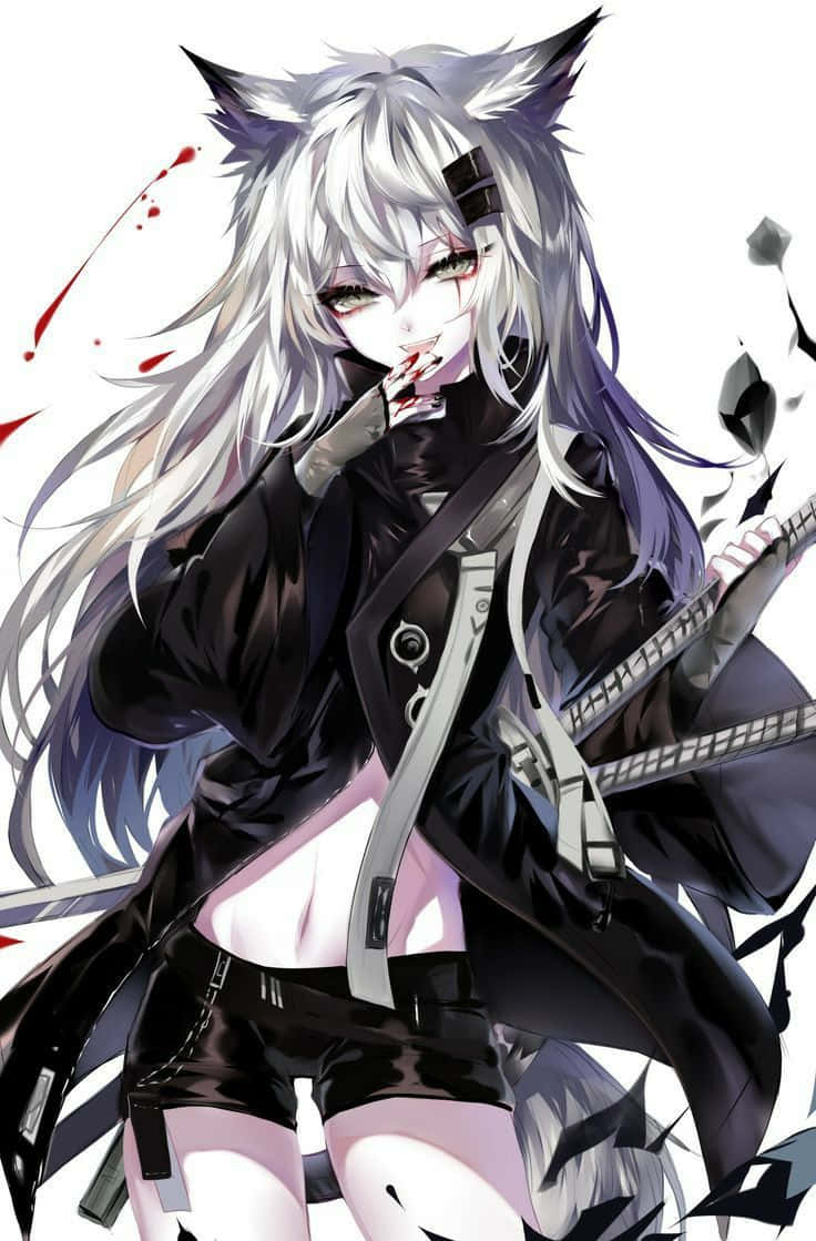anime wolf girl, silver-haired, wolf ears, SD Phone Wallpaper