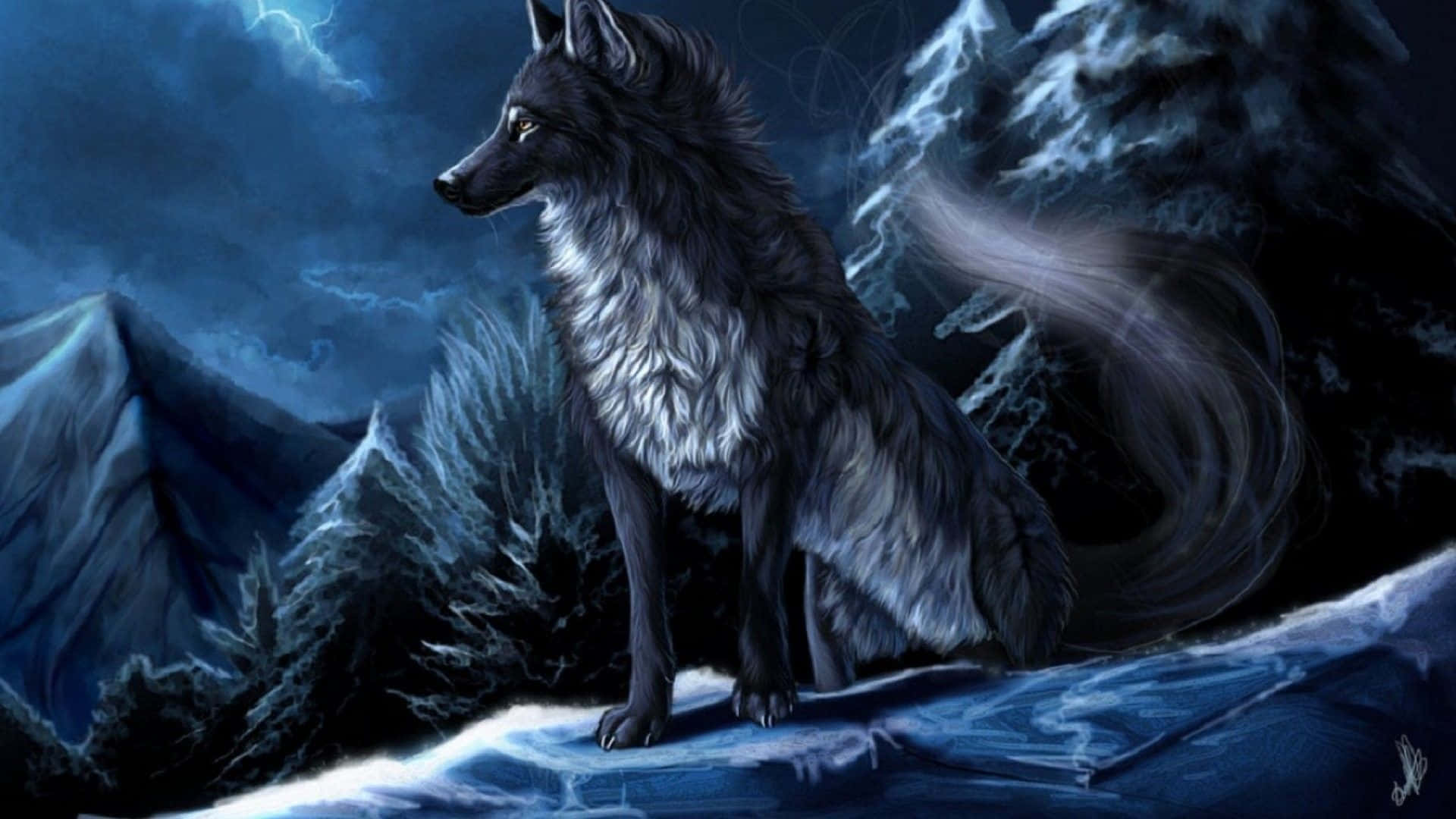 anime wolf, black wolf, glowing eyes, Full HD Desktop Wallpaper