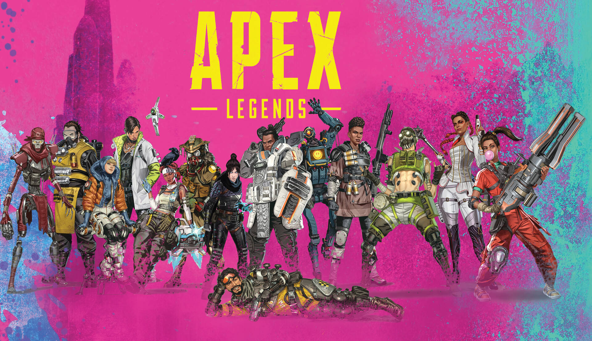 Apex Legends, pink and teal splatter background, armored characters, Full HD Desktop Wallpaper
