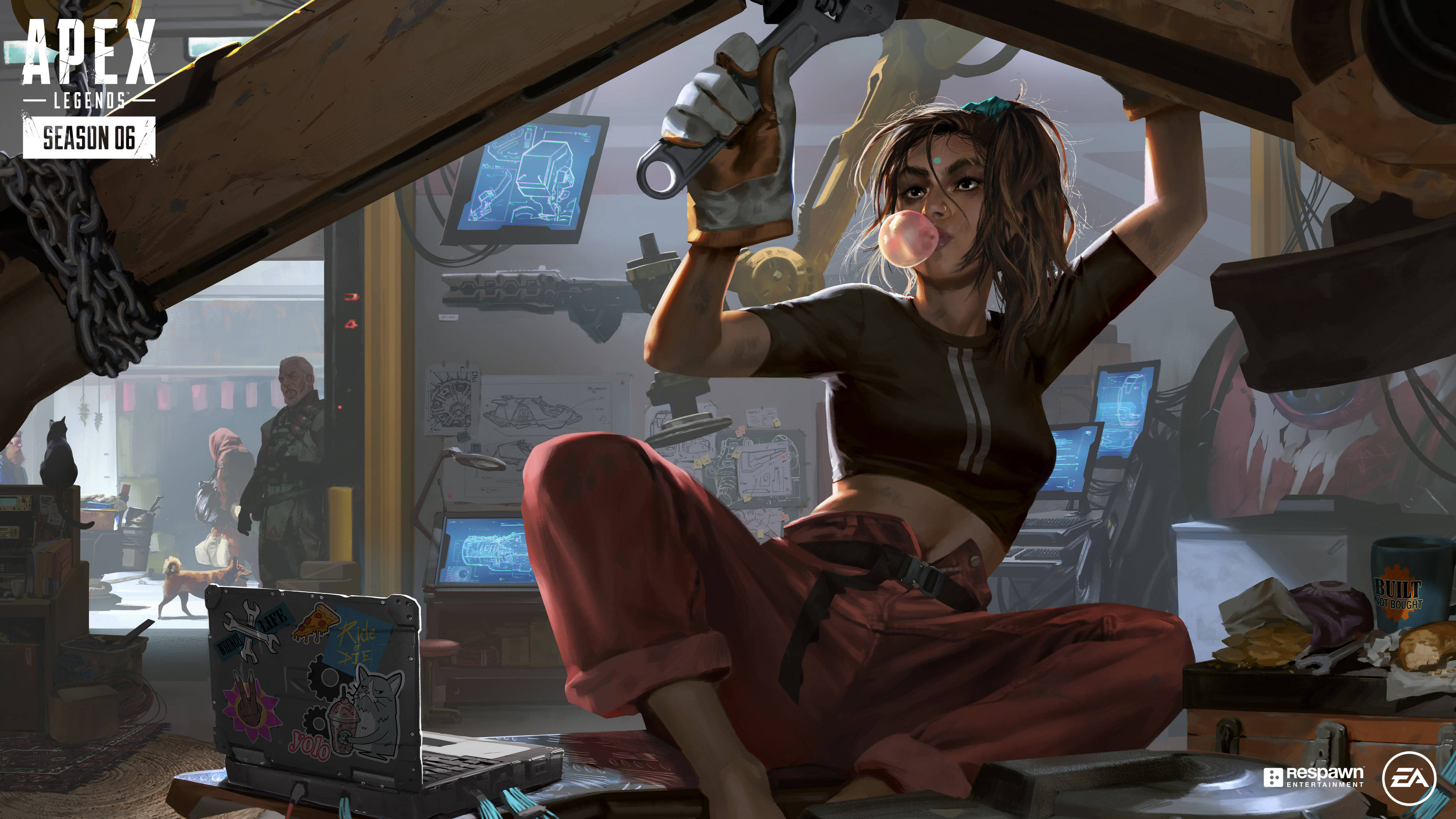 Apex Legends, female mechanic, cluttered garage, 4K Desktop Wallpaper