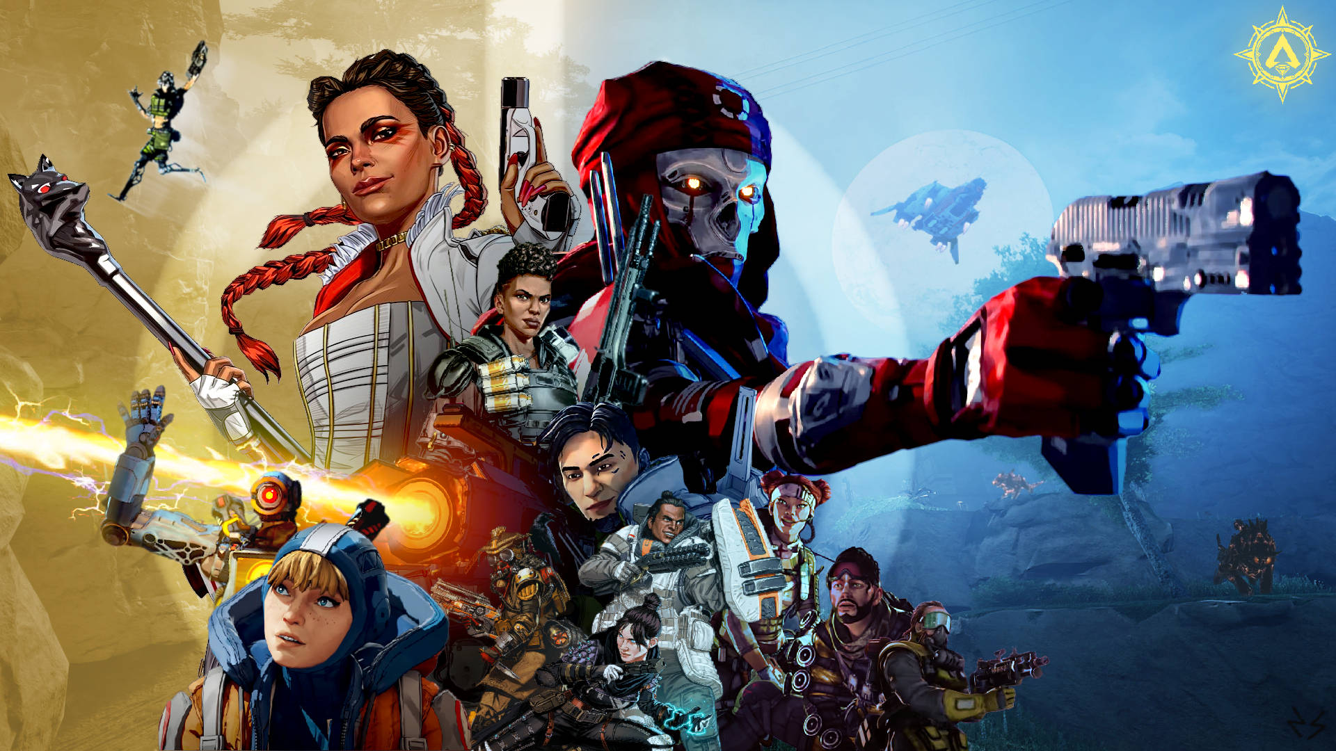 Cool Apex Legends, futuristic weapons, split golden and blue backdrop, Full HD Desktop Wallpaper