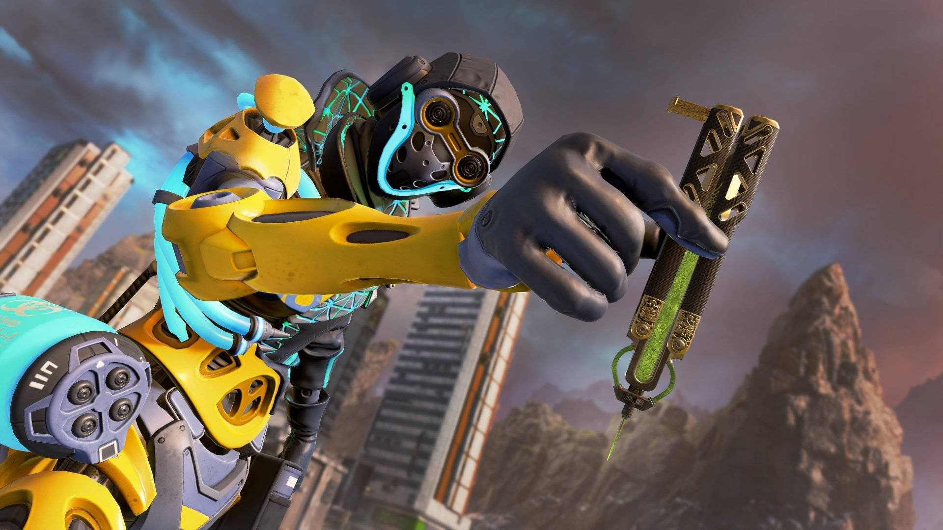 Apex Legends, yellow and black armored robot, glowing blue accents, Full HD Desktop Wallpaper