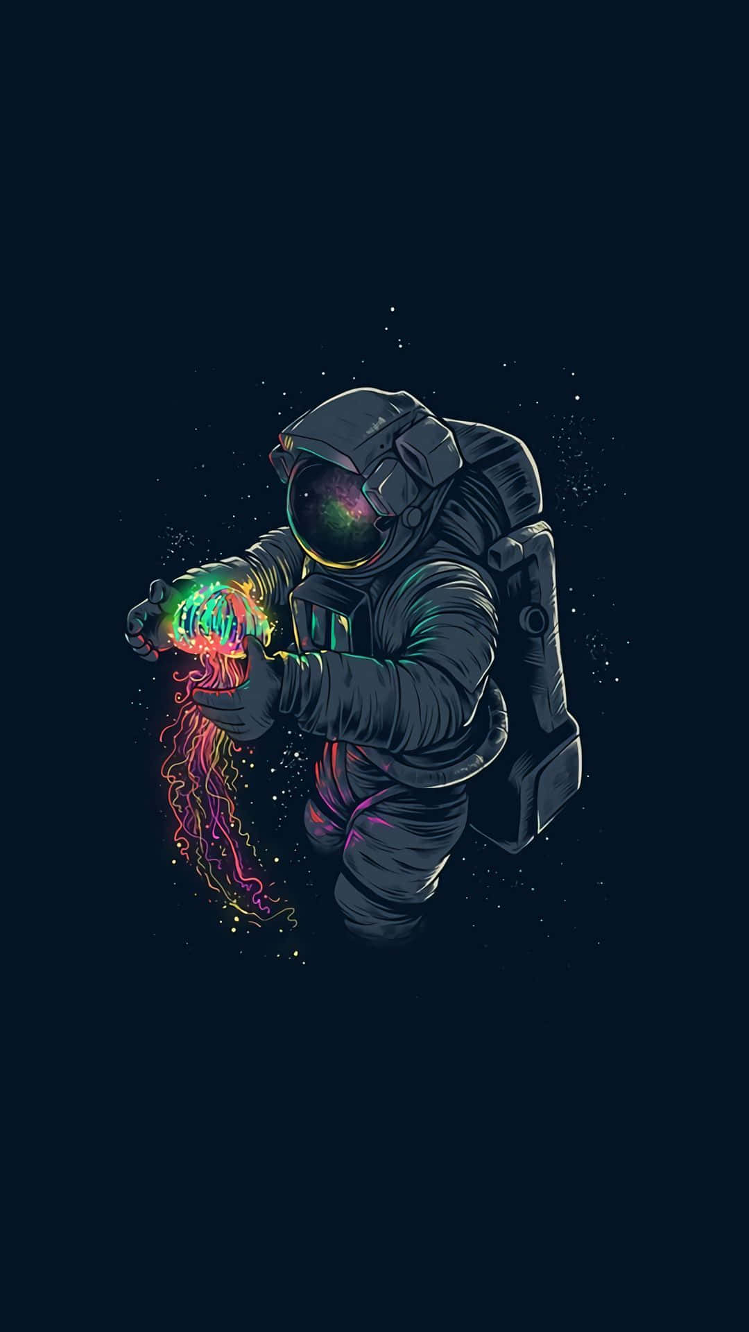 astronaut, glowing neon jellyfish, starry cosmic backdrop, Full HD Phone Wallpaper