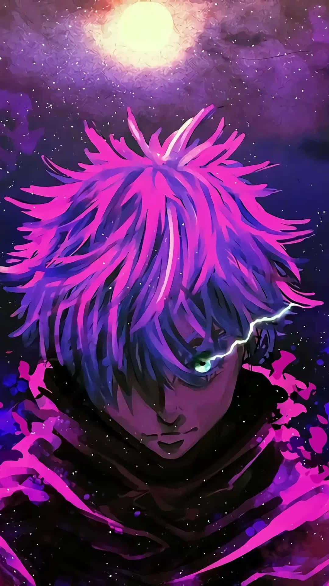 cosmic youth, spiky pink-haired anime character, glowing eyes, Full HD Phone Wallpaper