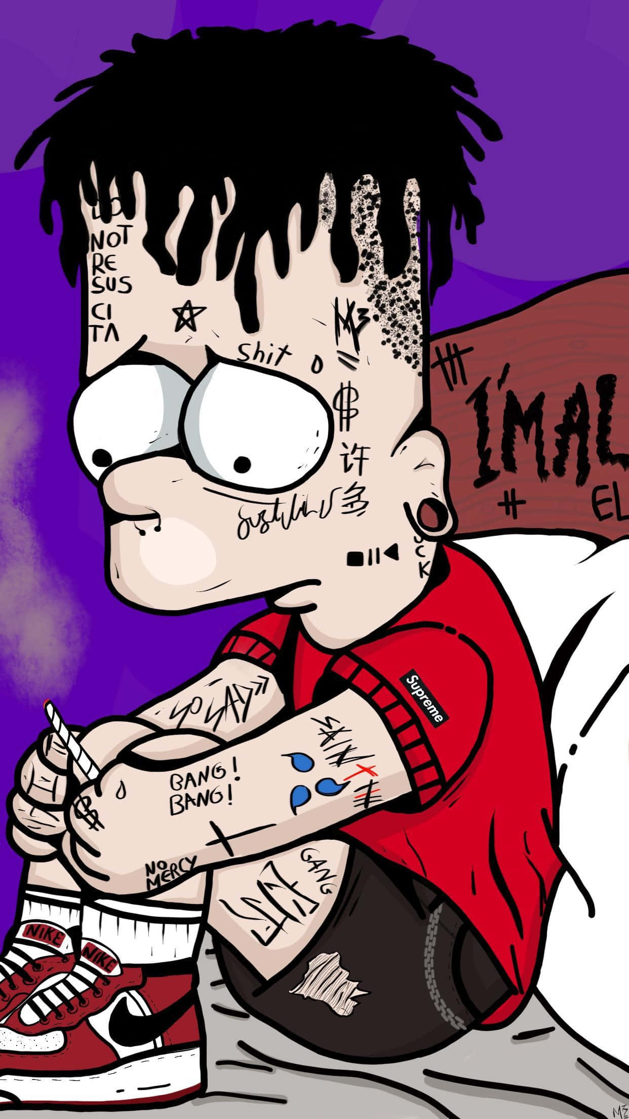 Bart Simpson, Supreme, purple background, Full HD Phone Wallpaper