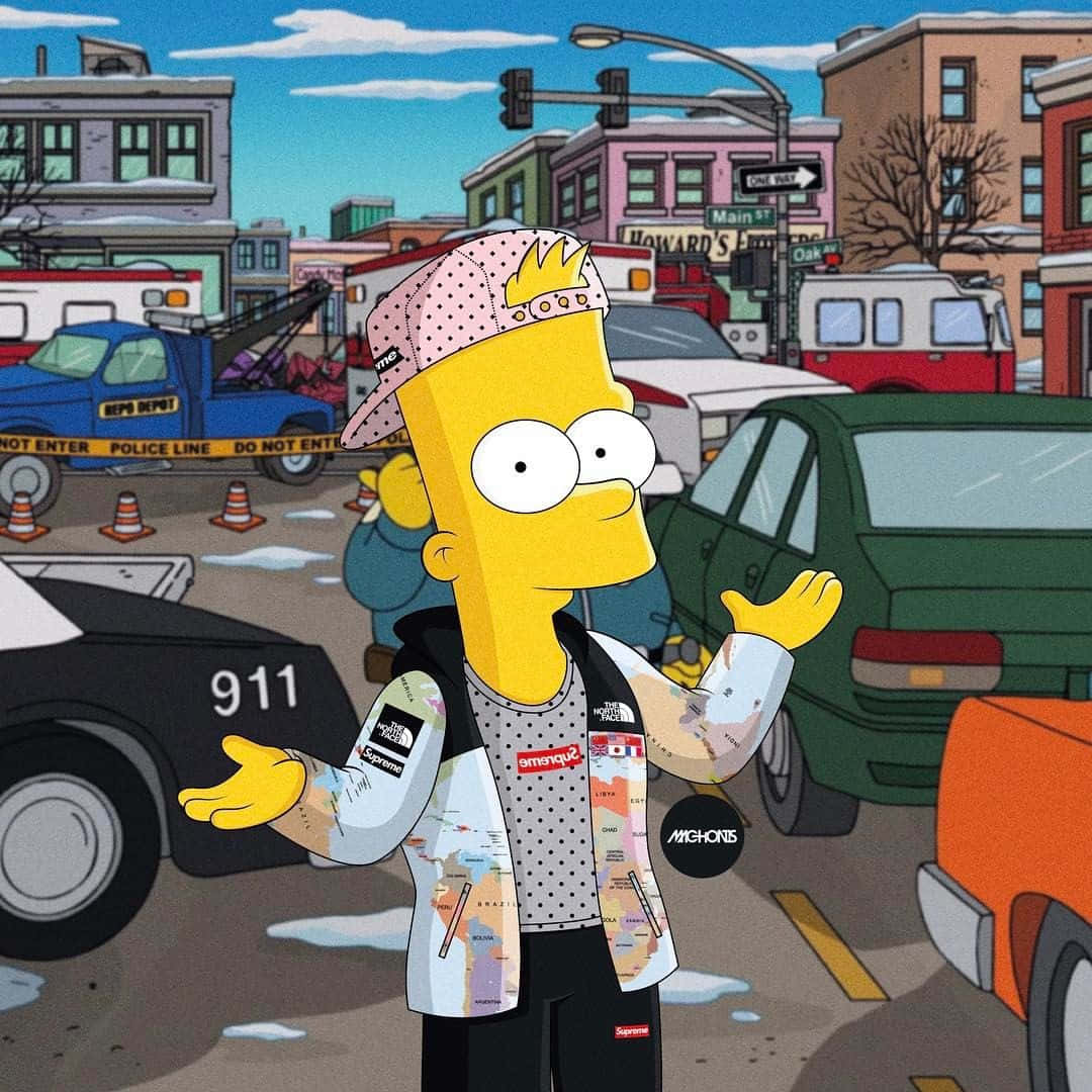 Bart Simpson, Supreme, snowy urban street, SD Desktop Wallpaper