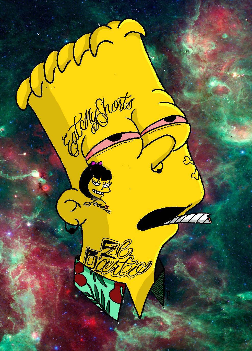 Bart Simpson, cosmic nebula, tattoos, HD Phone Wallpaper