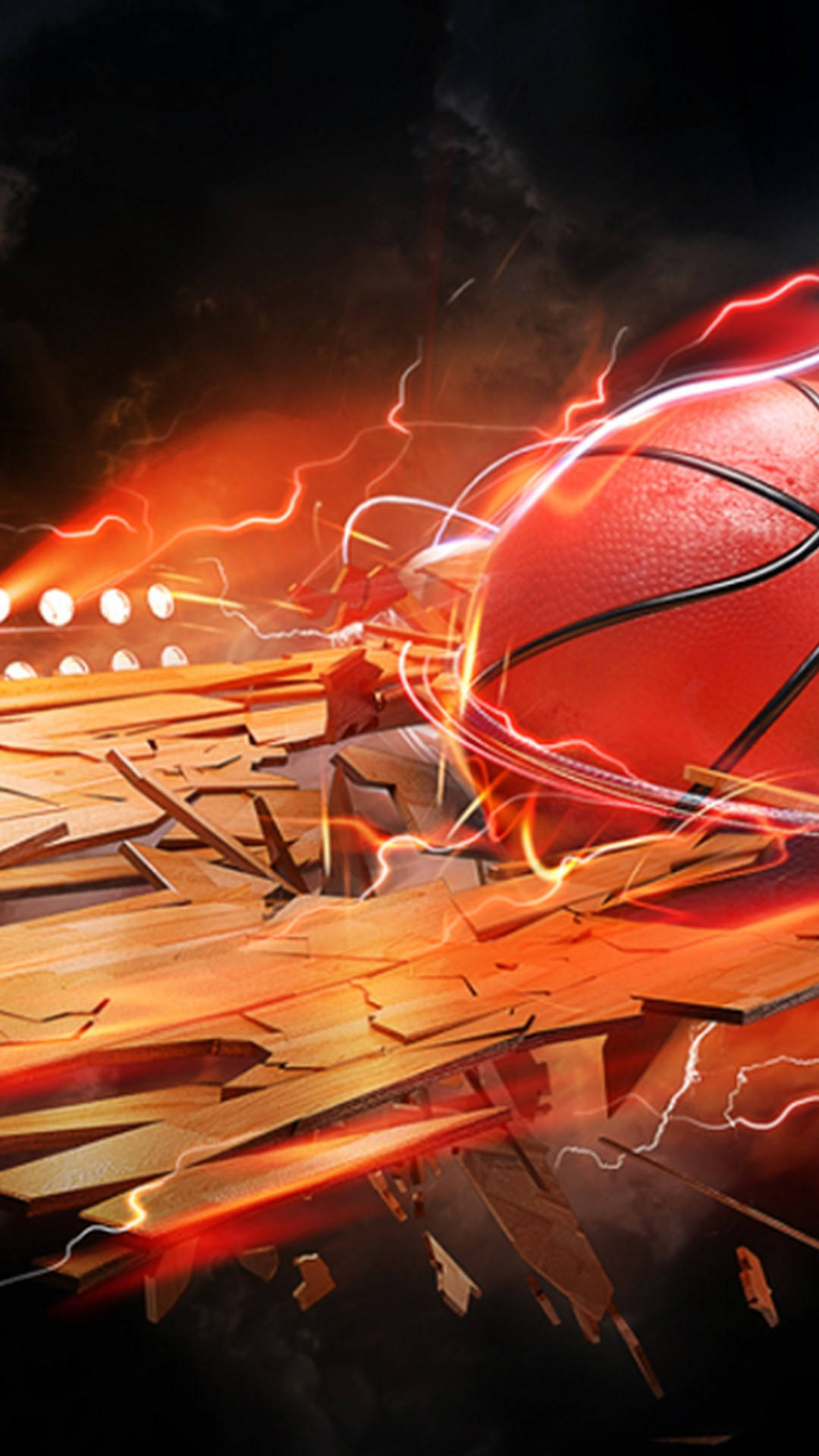 red basketball, wooden court, electric energy, Full HD Phone Wallpaper