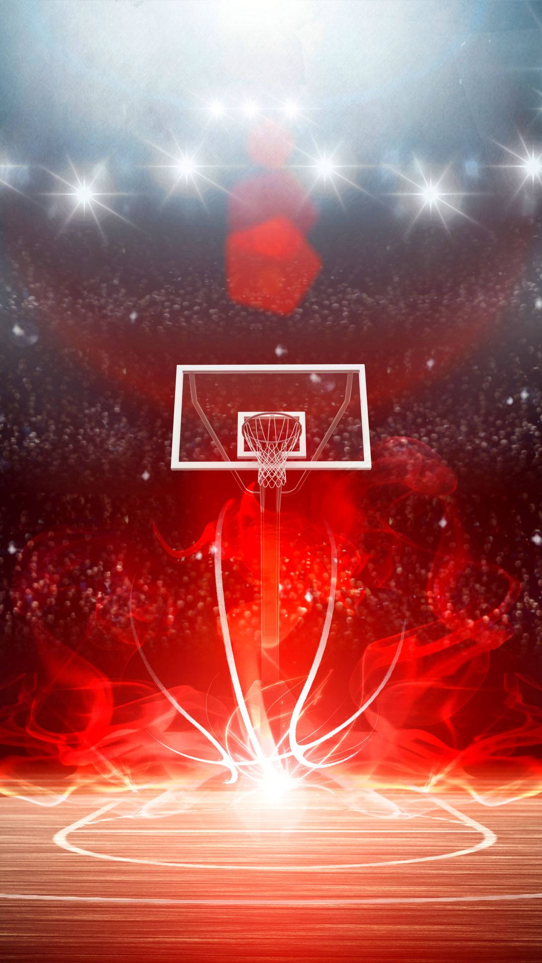 red basketball court, glowing basketball hoop, stadium lights, Full HD Phone Wallpaper