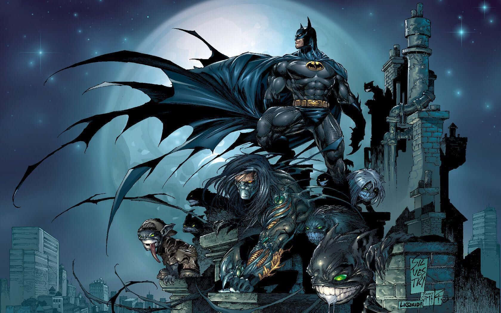 Batman, crumbling rooftop, full moon, HD Desktop Wallpaper