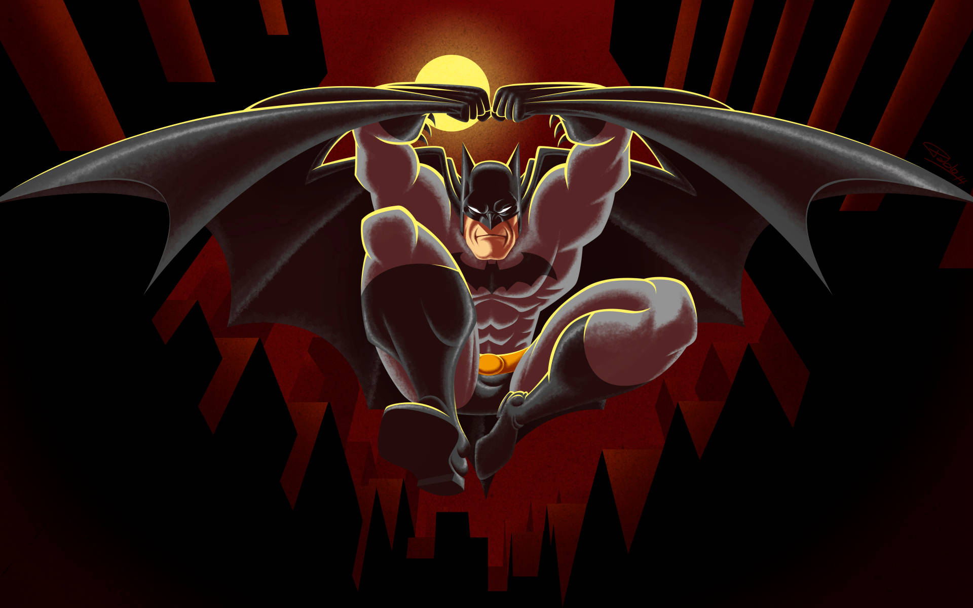 Batman, animated, dark red cityscape, Full HD Desktop Wallpaper