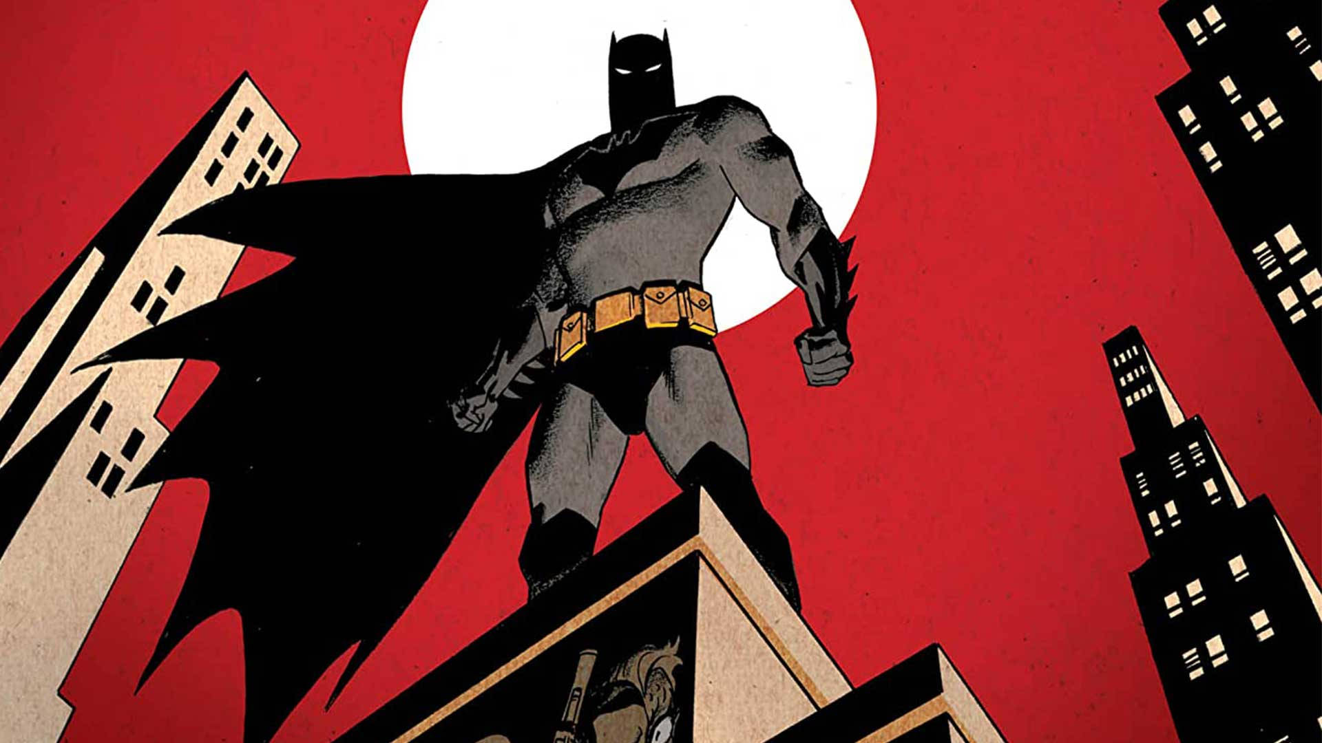Batman, skyscraper, red sky, Full HD Desktop Wallpaper