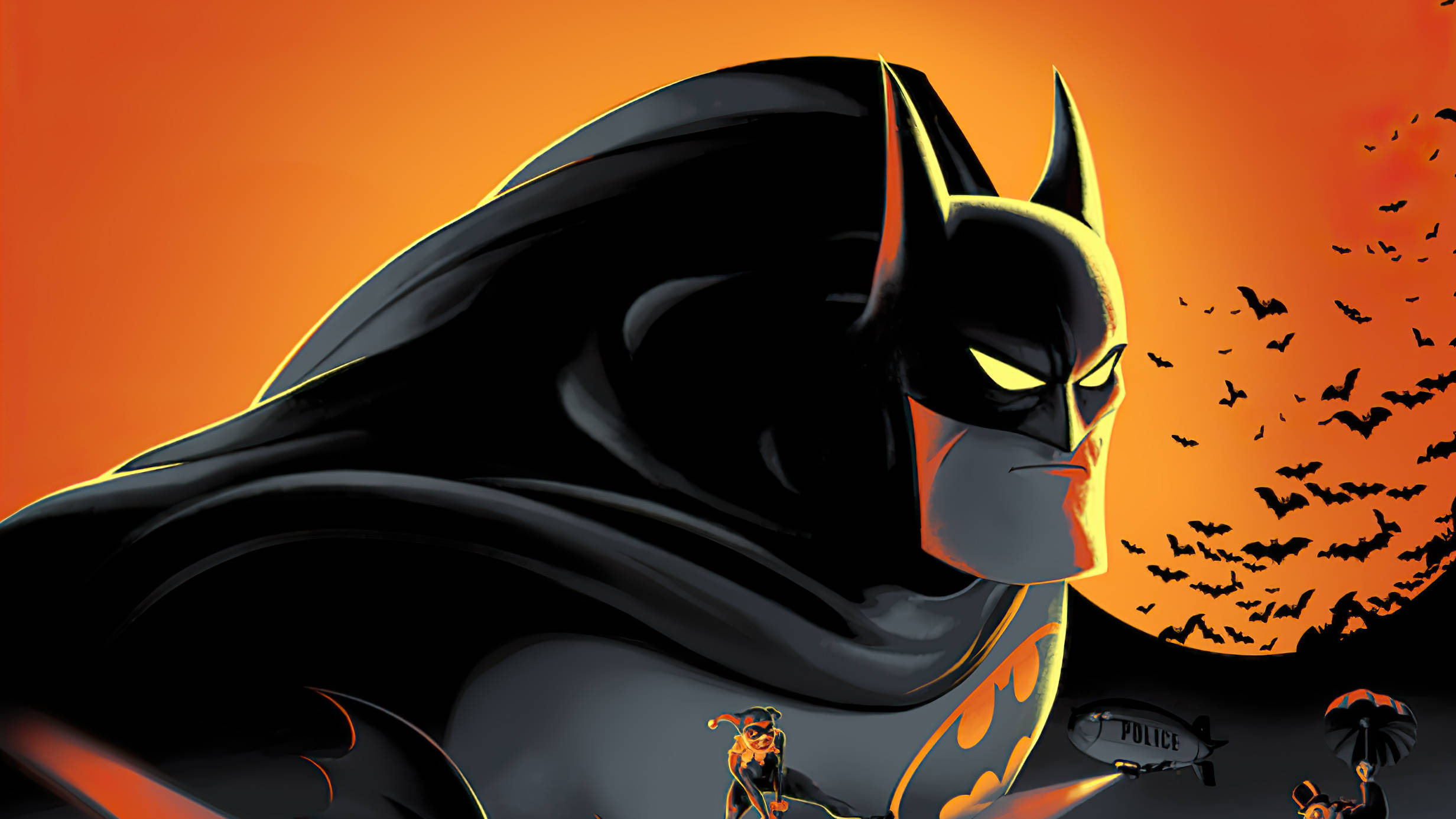 Batman, fiery orange sky, bats, Full HD Desktop Wallpaper