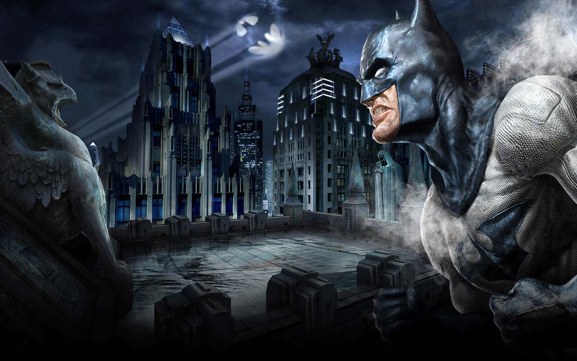 Batman, rooftop, gothic cityscape, Full HD Desktop Wallpaper