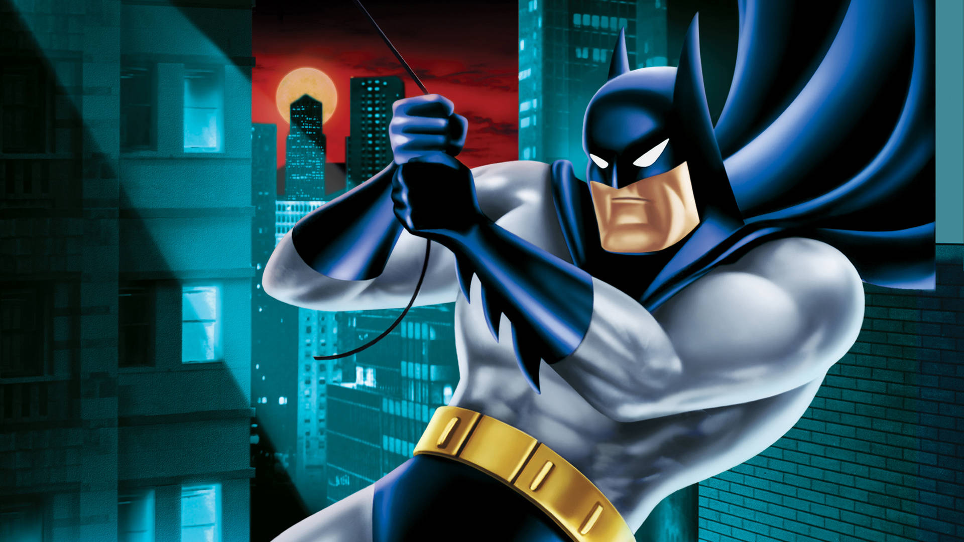 Batman, neon-lit Gotham cityscape, sunset, Full HD Desktop Wallpaper
