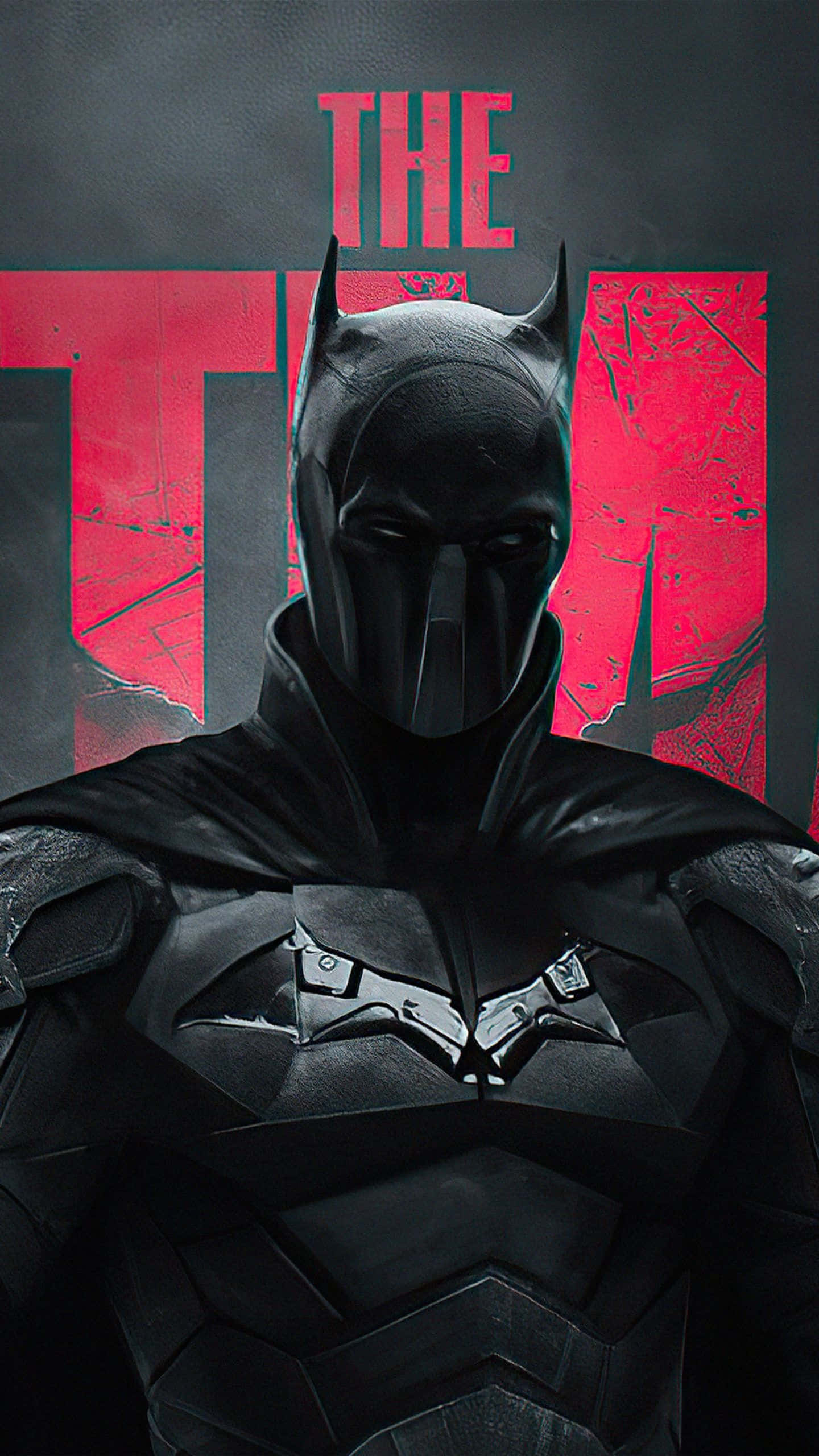 Batman, red 'THE T' text, cinematic comic book style, 2K Phone Wallpaper