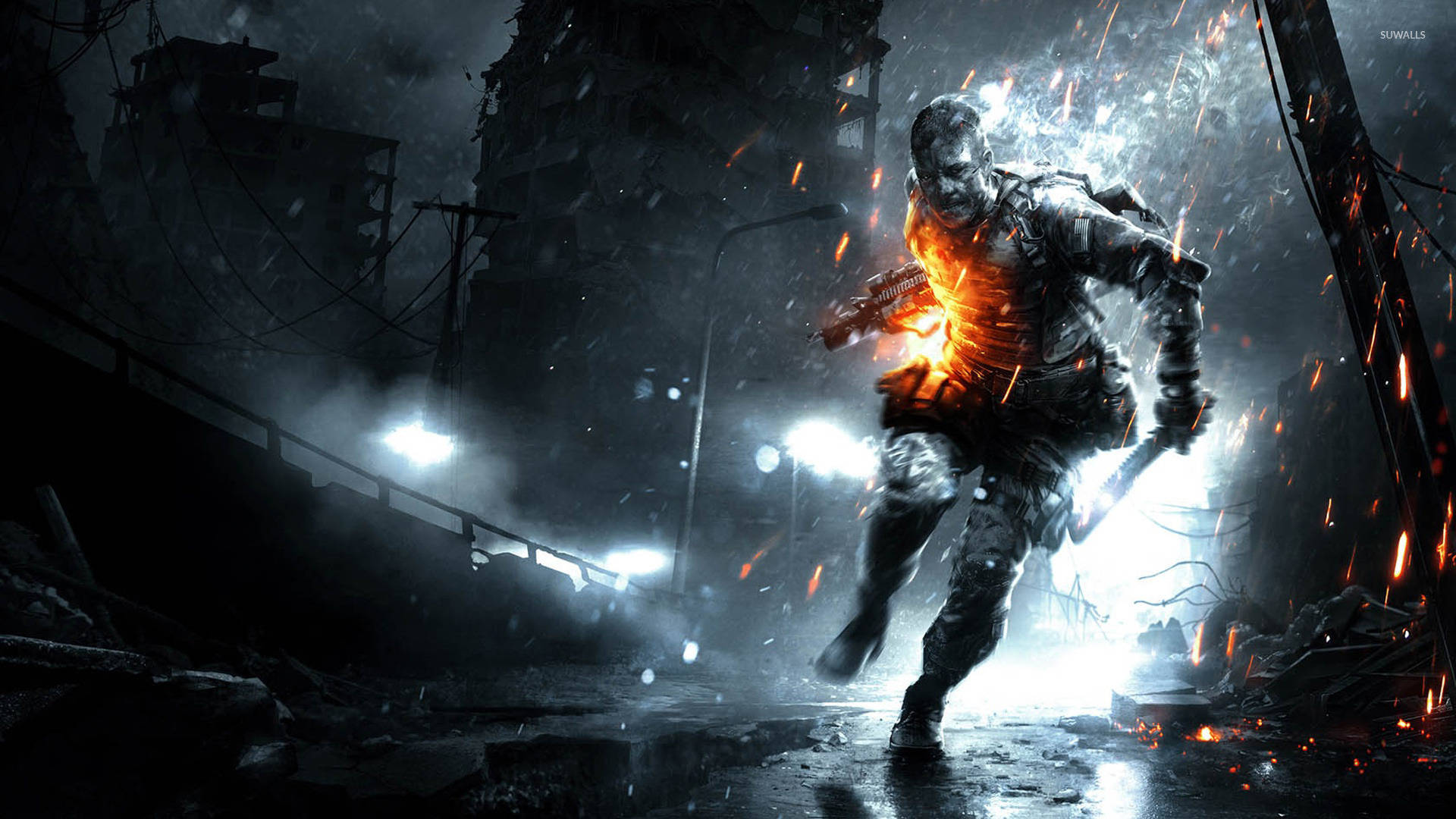 Battlefield 3, dark armor, ruined city street, Full HD Desktop Wallpaper