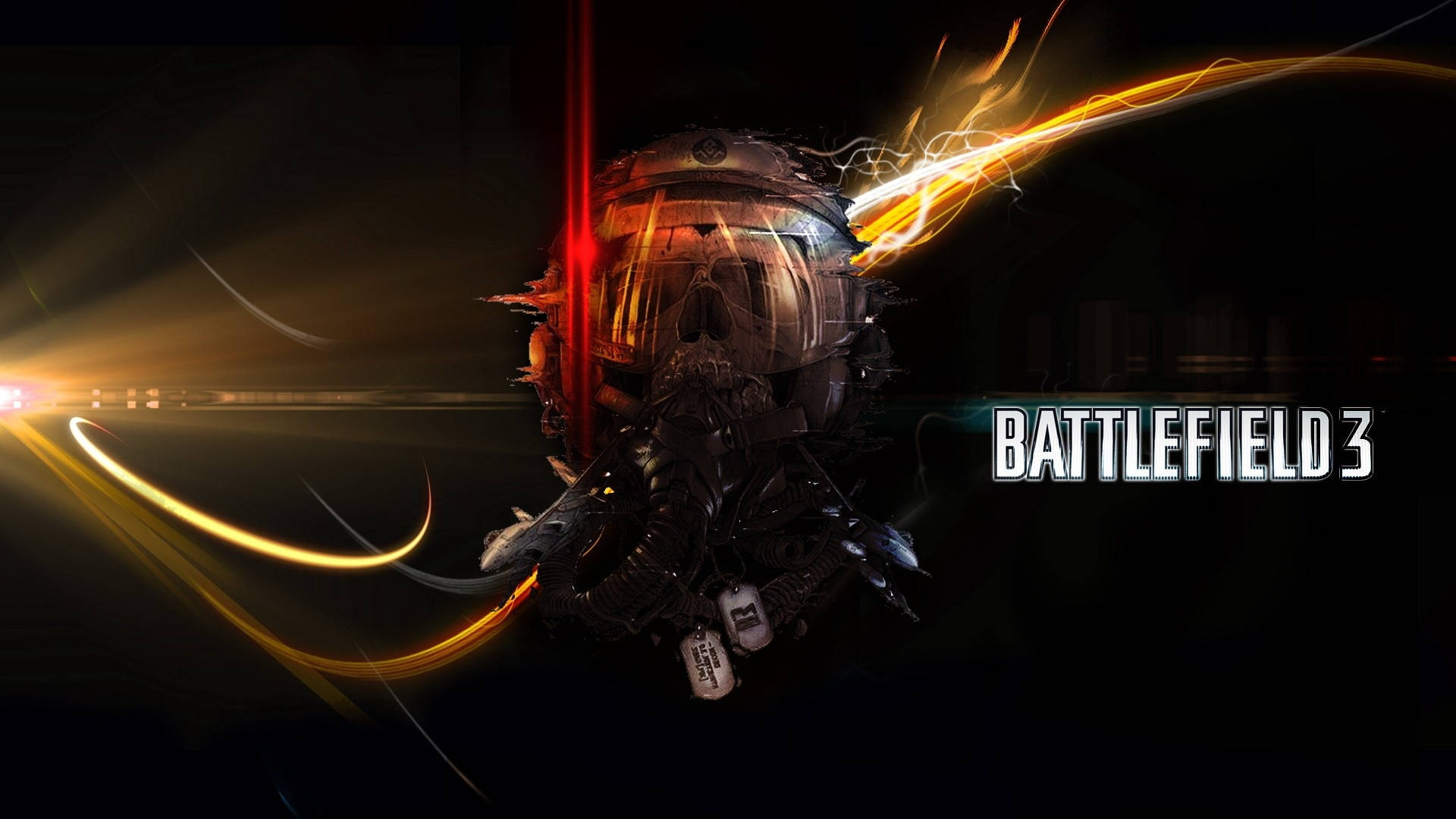 Battlefield 3, futuristic helmet, glowing orange energy streaks, Full HD Desktop Wallpaper