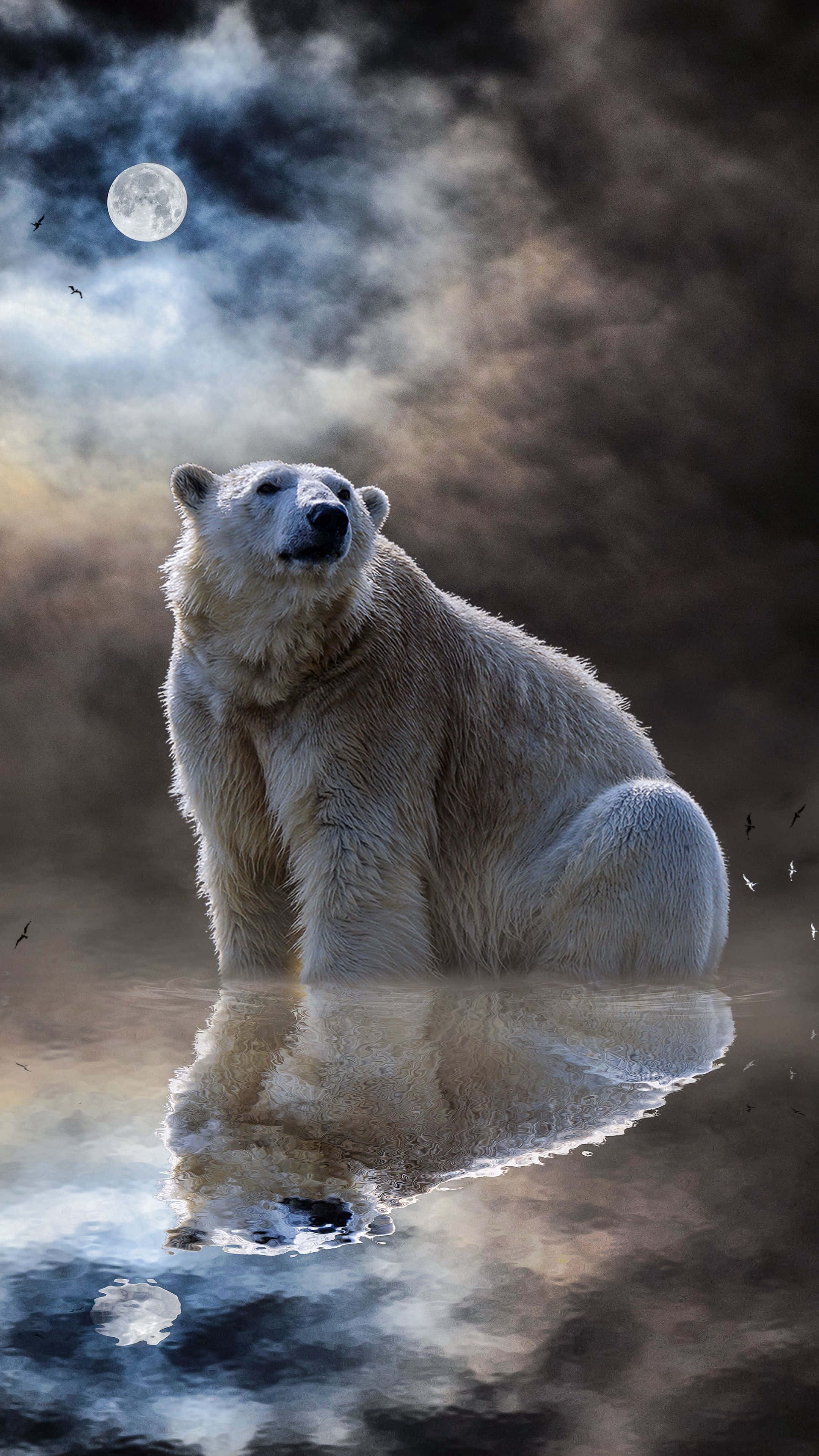 Cool Bear, polar bear, full moon, 4K Phone Wallpaper