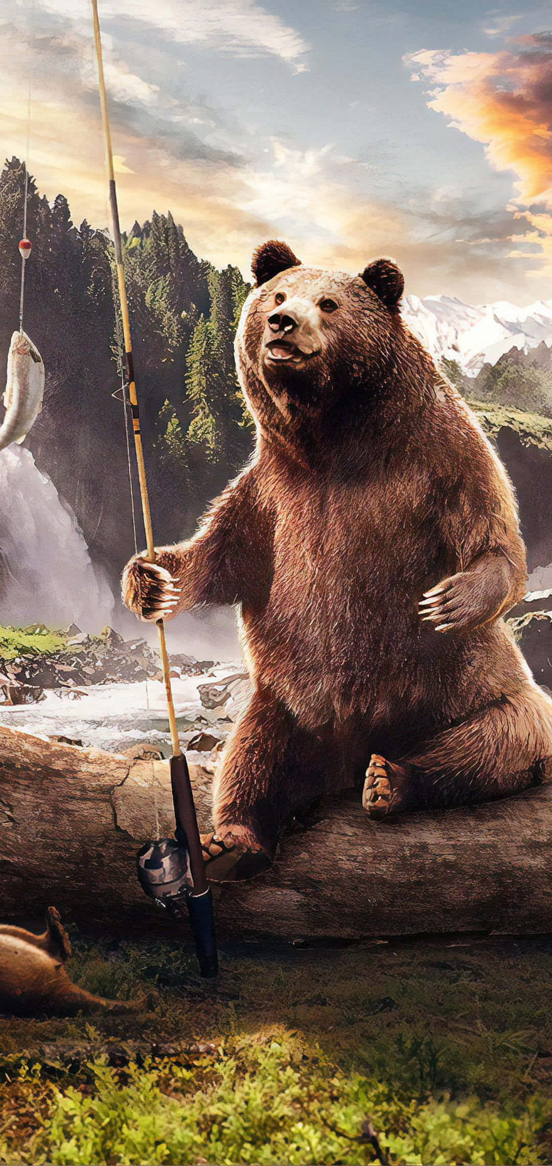 brown bear, log, fishing rod, Full HD Phone Wallpaper