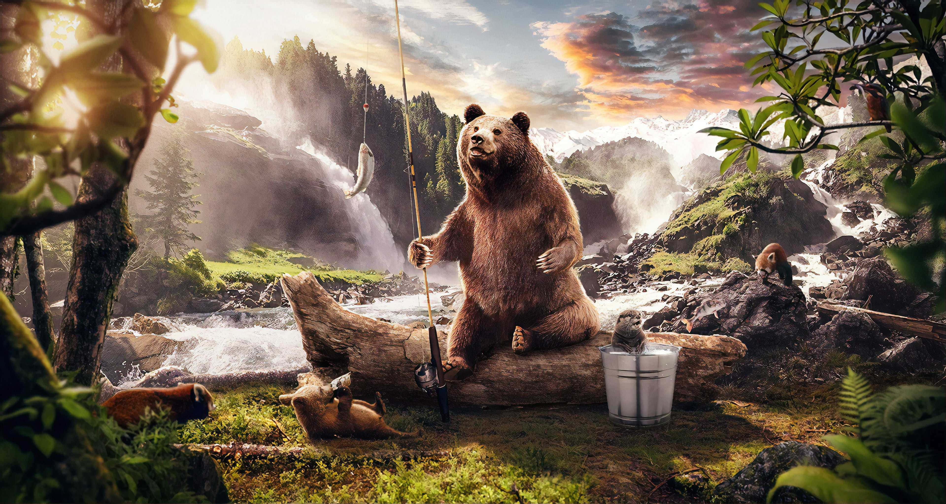 Cool Bear, brown bear, log, 4K Desktop Wallpaper