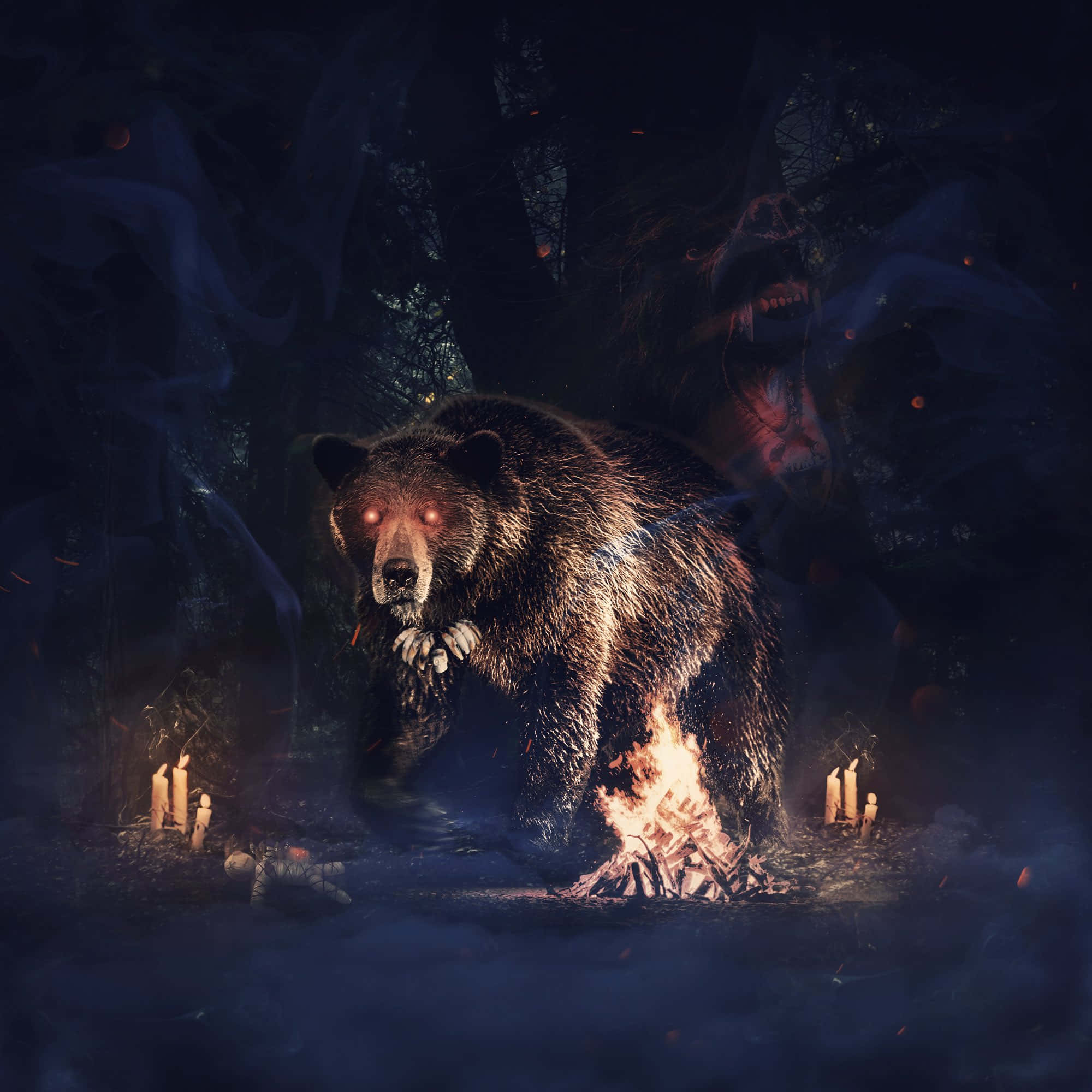 Cool Bear, laser eyes, campfire, Full HD Desktop Wallpaper
