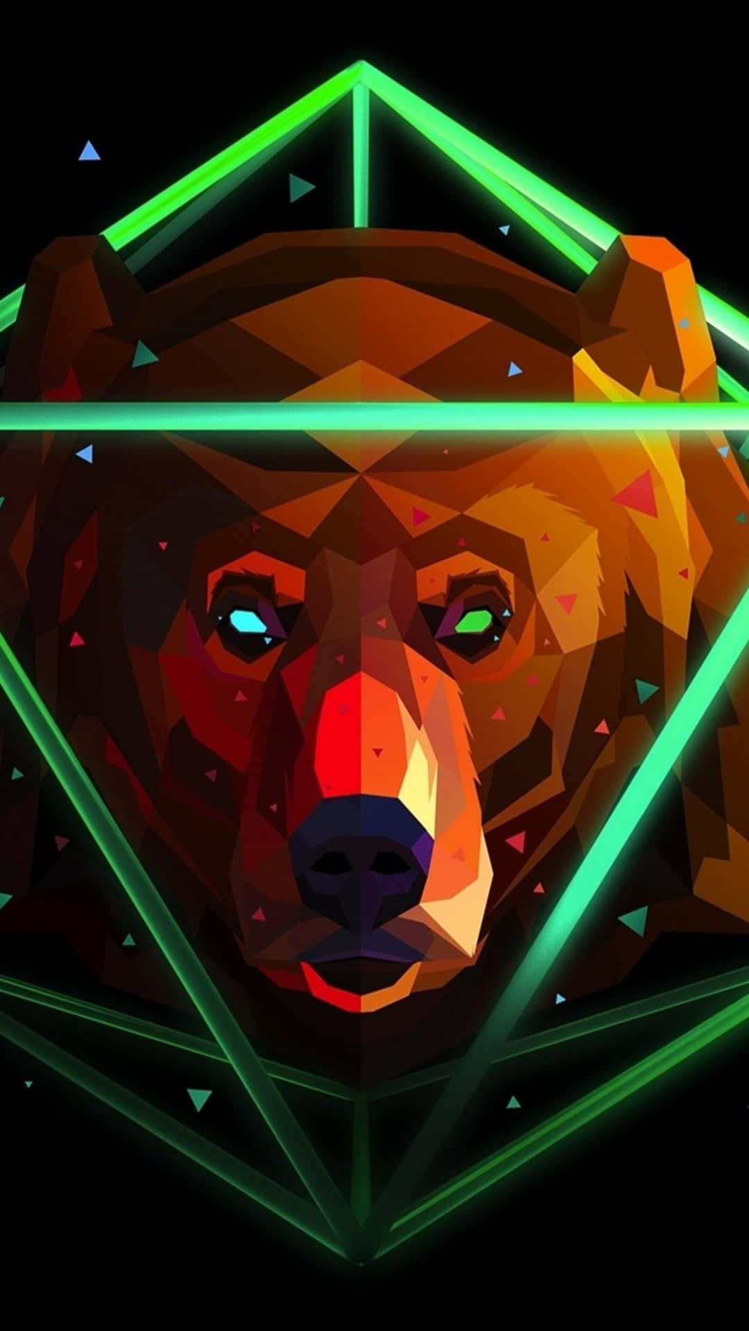 Cool Bear, green geometric head, glowing green neon triangles, Full HD Phone Wallpaper