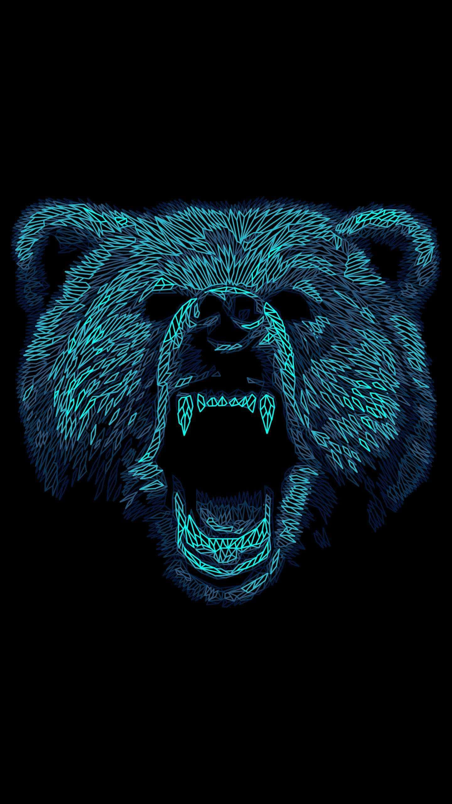 Cool Bear, neon blue, line art, 2K Phone Wallpaper
