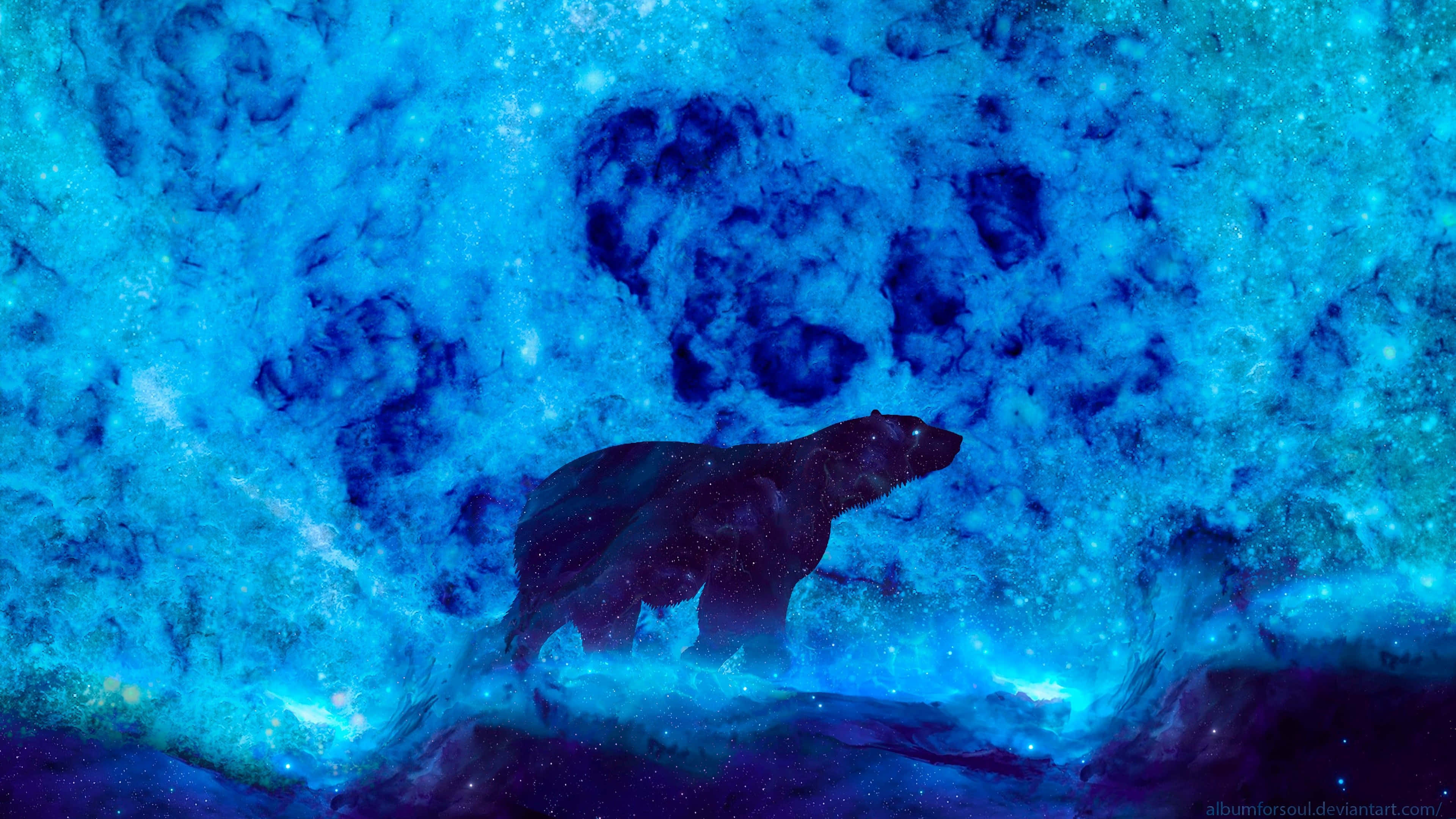 Cool Bear, neon blue, polar bear silhouette, 4K Desktop Wallpaper
