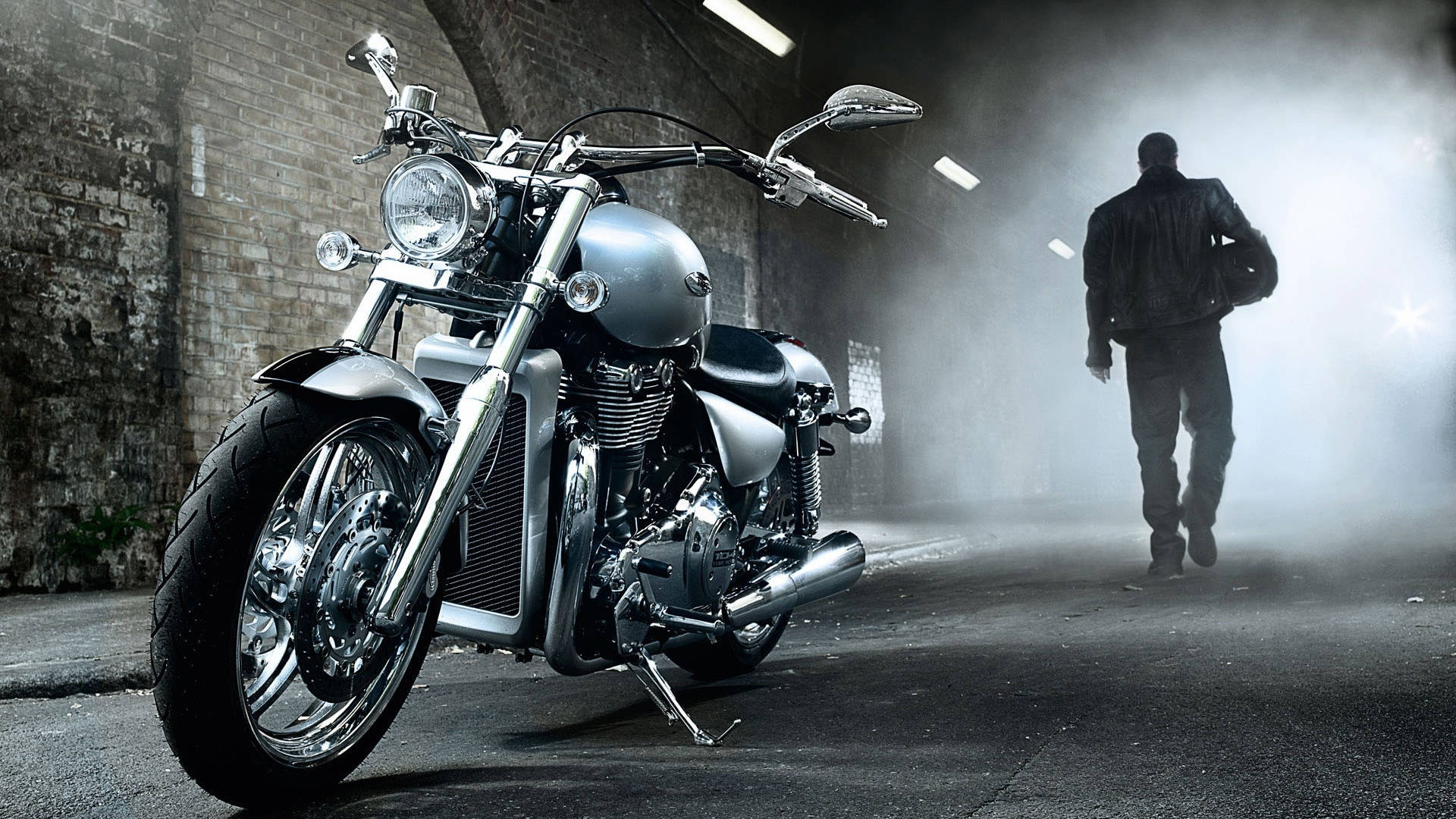 chrome motorcycle, lone rider, smoky brick tunnel, Full HD Desktop Wallpaper